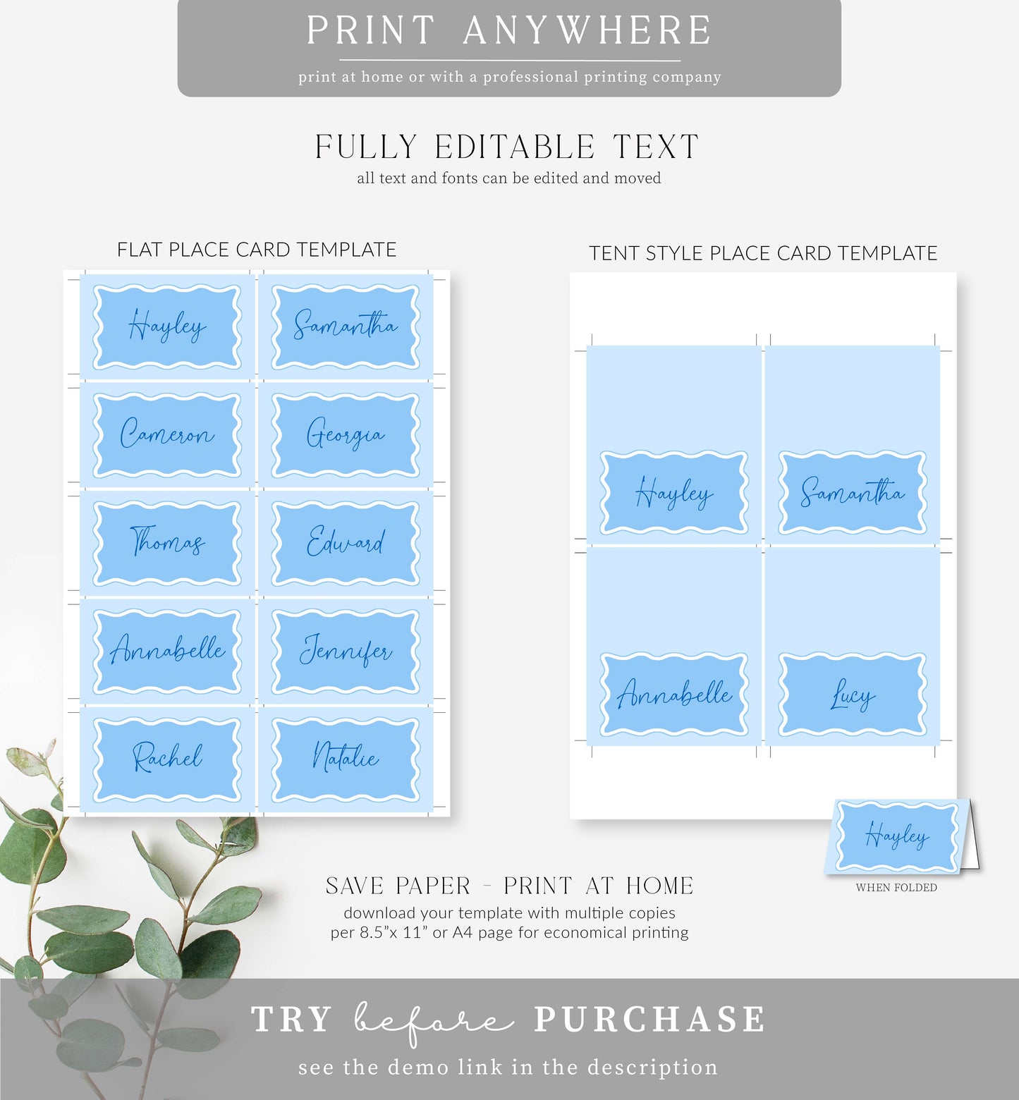 Wave Blue | Printable Place Cards Template