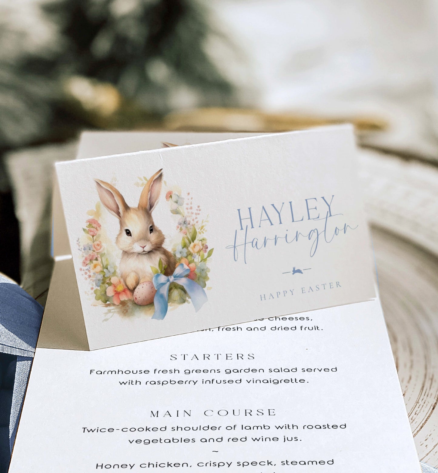 Easter Bunny Place Cards, Printable Easter Names Cards, Easter Bunny Spring Flowers, Easter Lunch Place Card, Easter Brunch Place Setting Card