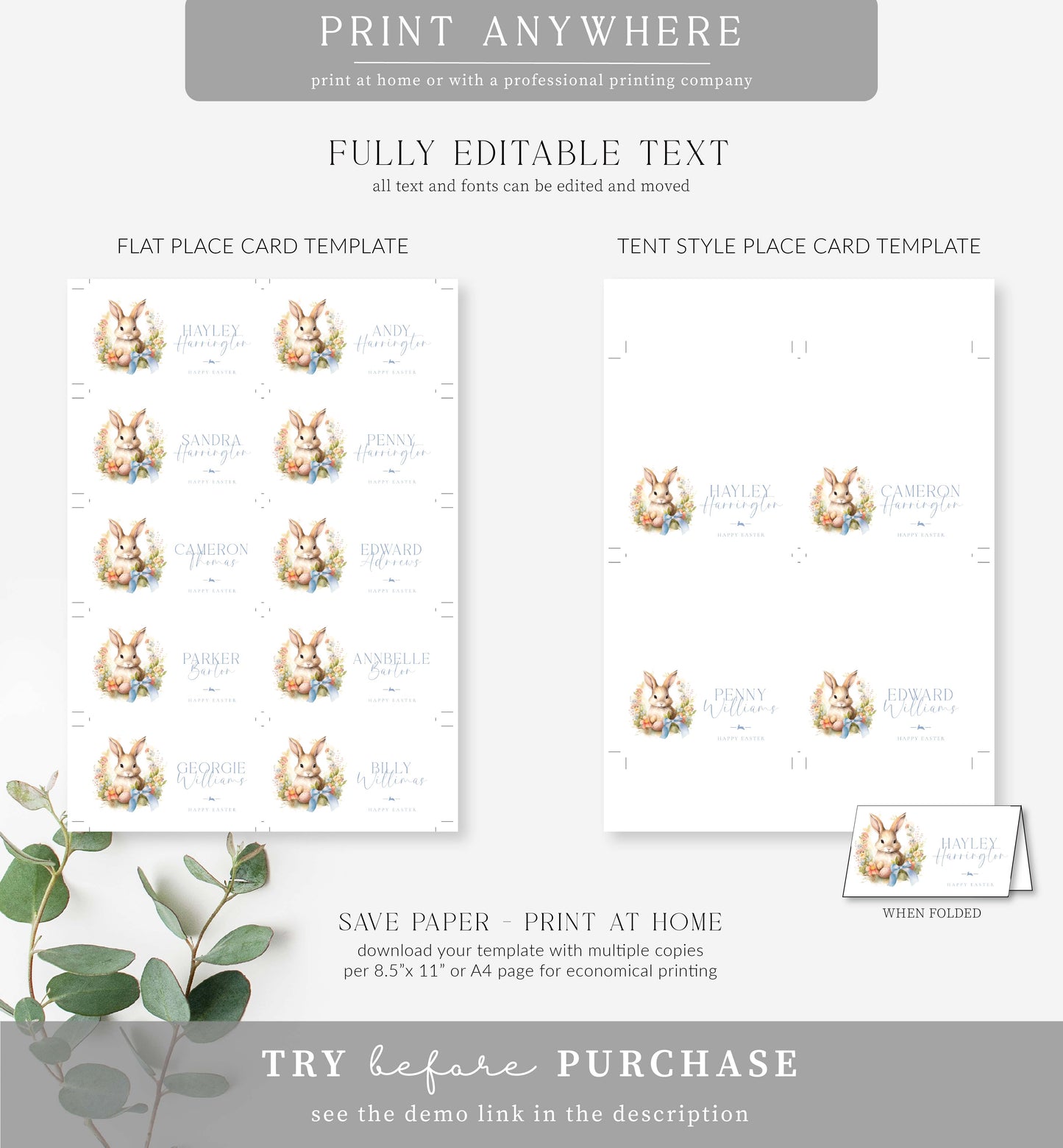 Easter White | Printable Place Cards Template
