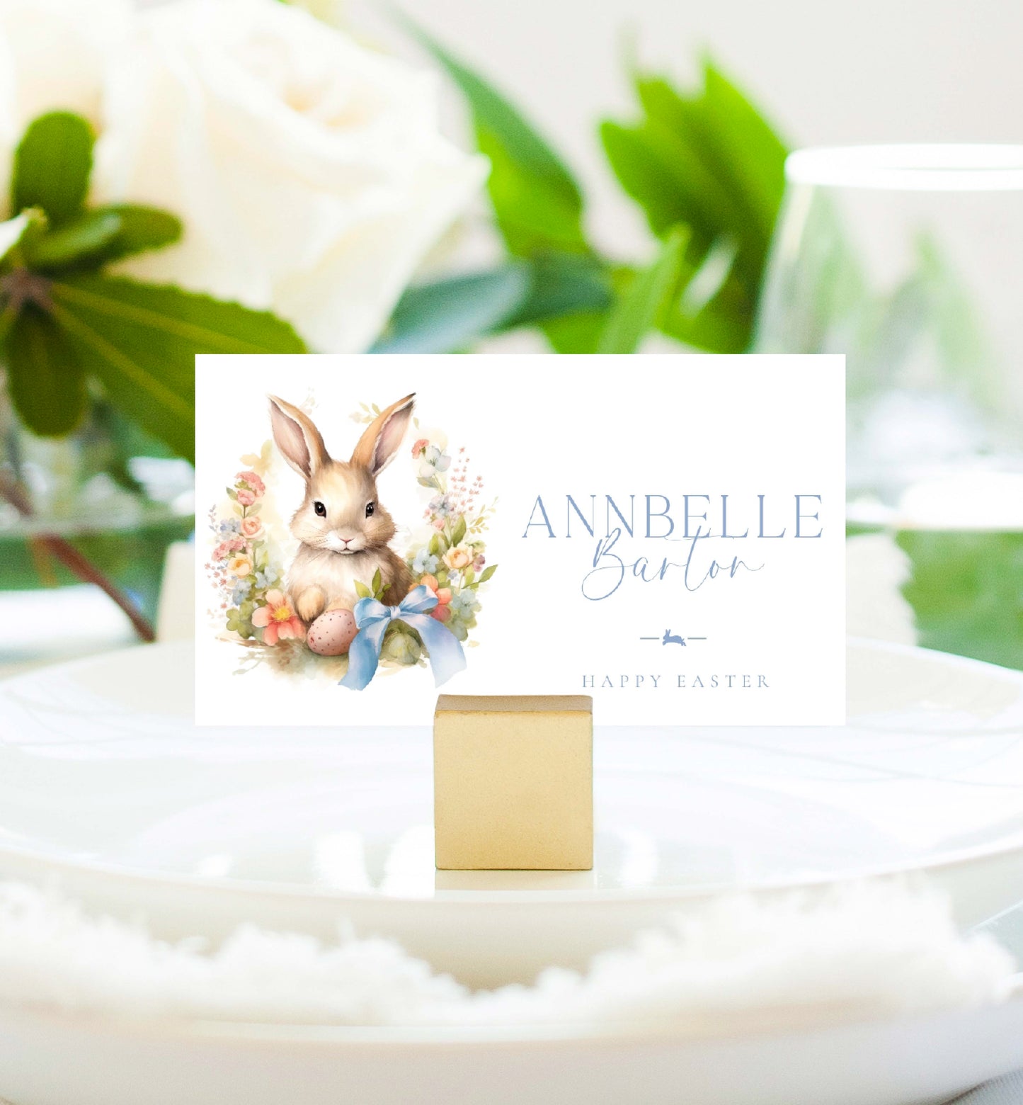 Easter Bunny Place Cards, Printable Easter Names Cards, Easter Bunny Spring Flowers, Easter Lunch Place Card, Easter Brunch Place Setting Card