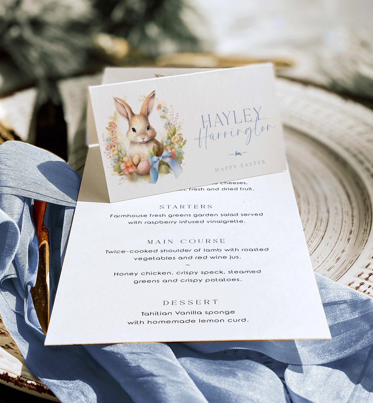 Easter Bunny Place Cards, Printable Easter Names Cards, Easter Bunny Spring Flowers, Easter Lunch Place Card, Easter Brunch Place Setting Card