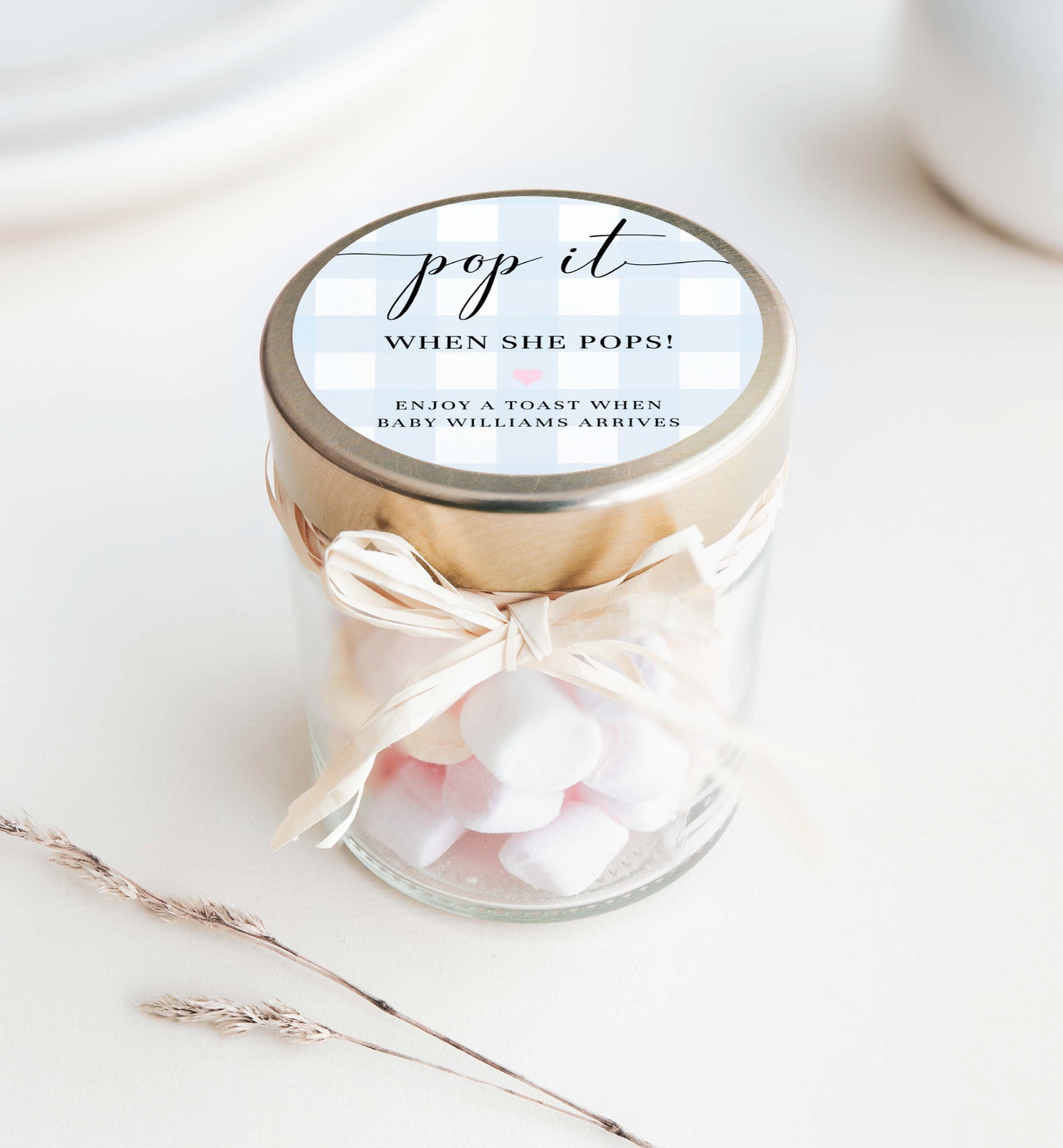 Pop It When She Pops Favor Tag and Label, Printable Blue Boy Baby Shower Champagne Pop It Favor Tag, Blue Gingham Mini Wine Bottle Label