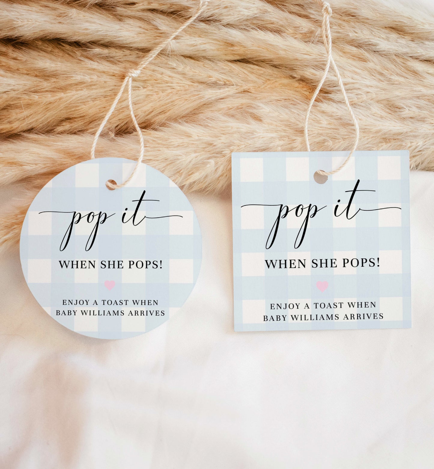 Pop It When She Pops Favor Tag and Label, Printable Blue Boy Baby Shower Champagne Pop It Favor Tag, Blue Gingham Mini Wine Bottle Label
