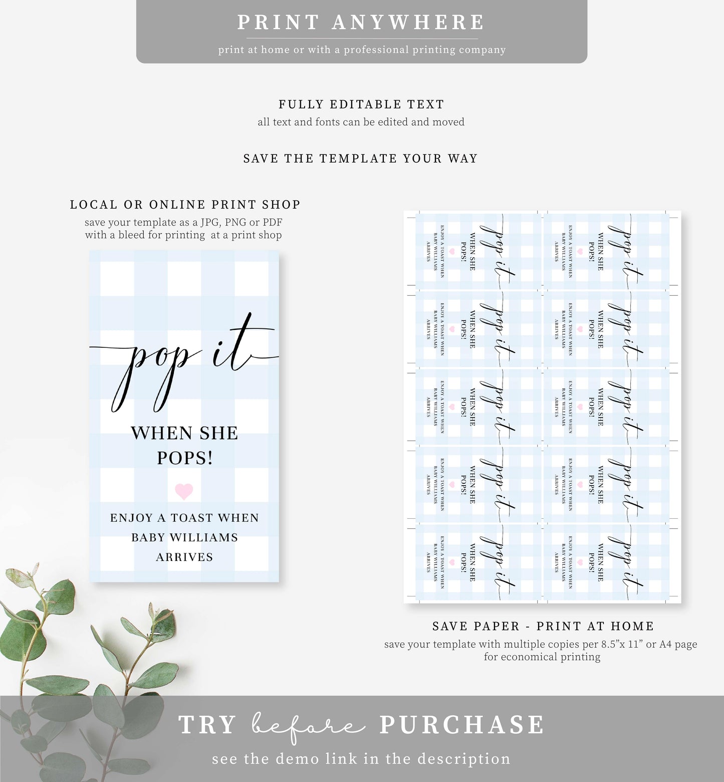 Gingham Blue | Printable Pop It Favour Tags Template