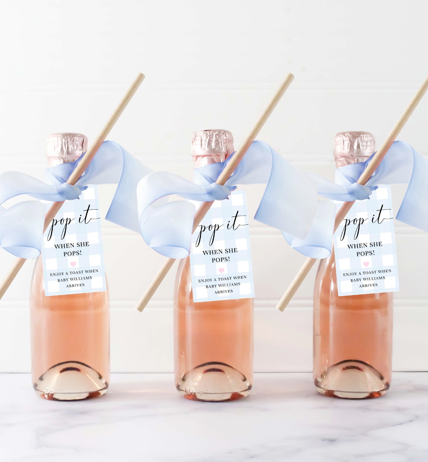 Pop It When She Pops Favor Tag and Label, Printable Blue Boy Baby Shower Champagne Pop It Favor Tag, Blue Gingham Mini Wine Bottle Label