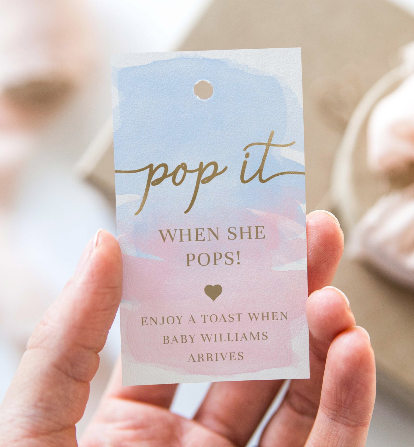 Pop It When She Pops Favor Tag and Label, Gender Reveal Baby Shower Champagne Pop It Favor Tag, Pink Blue Watercolor Mini Wine Bottle Label