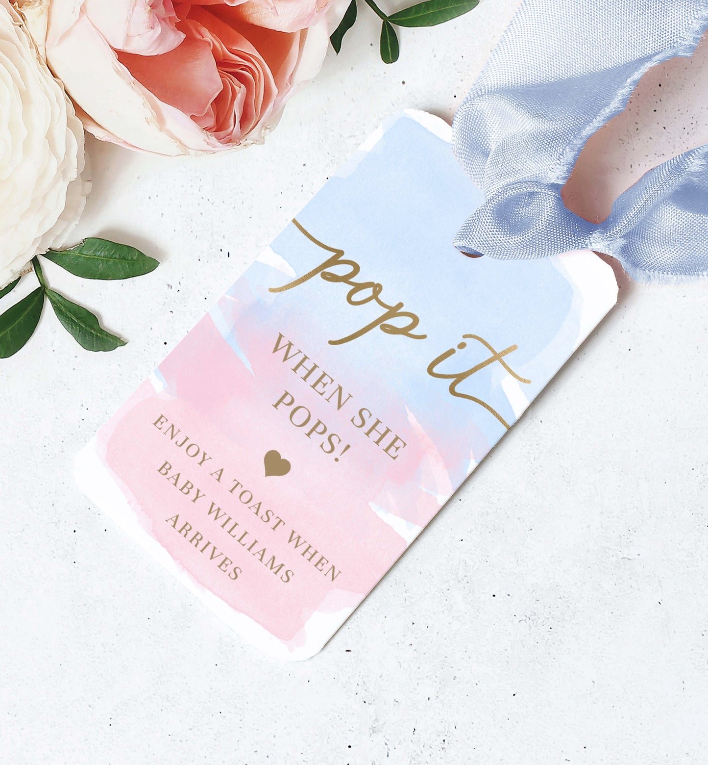 Pop It When She Pops Favor Tag and Label, Gender Reveal Baby Shower Champagne Pop It Favor Tag, Pink Blue Watercolor Mini Wine Bottle Label