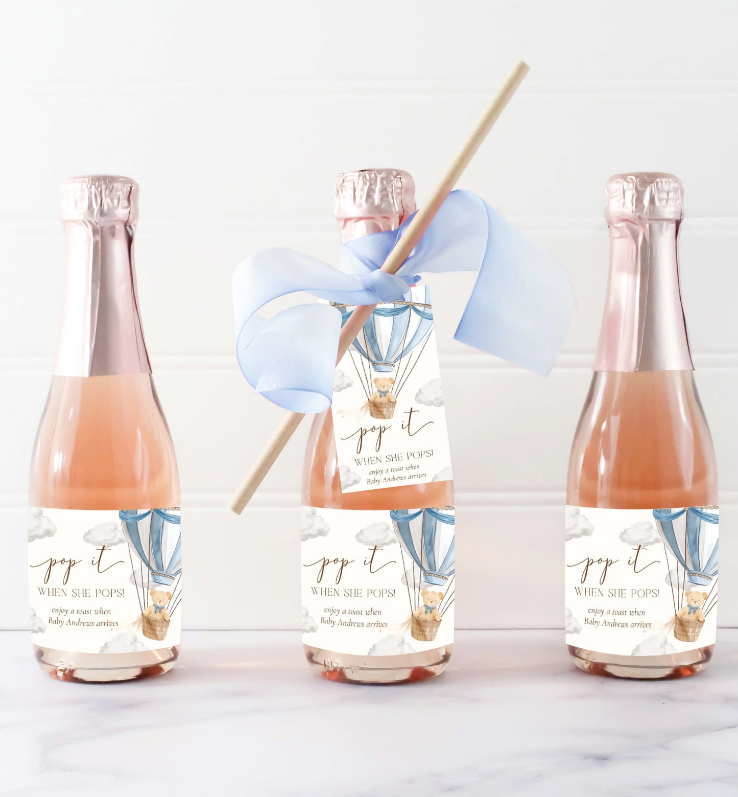 Pop It When She Pops Champagne Favor Tag and Label, Printable Hot Air Balloon Blue Boy Baby Shower Pop It Favor Tag, Teddy Bear Mini Wine Bottle Label