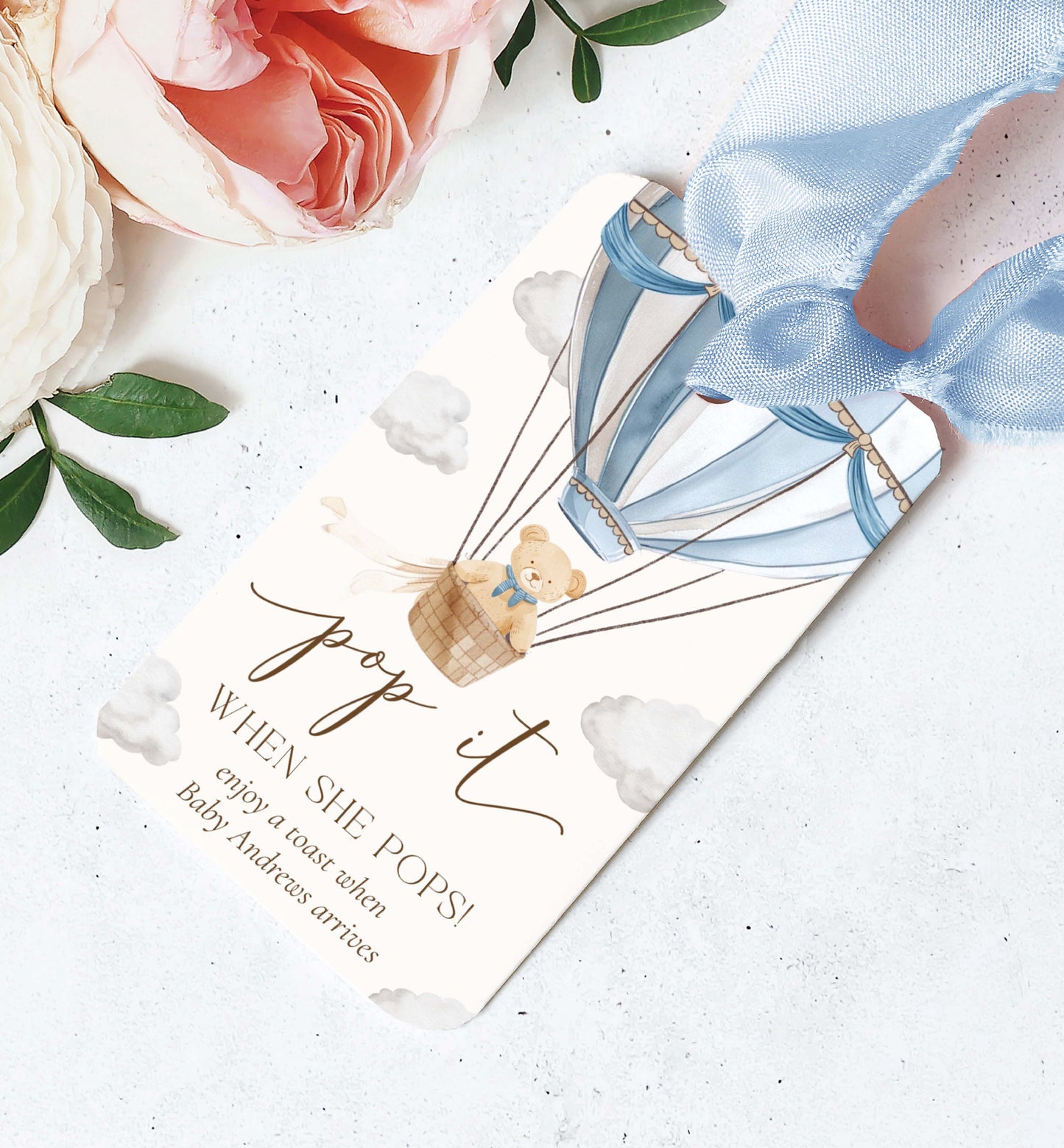 Pop It When She Pops Champagne Favor Tag and Label, Printable Hot Air Balloon Blue Boy Baby Shower Pop It Favor Tag, Teddy Bear Mini Wine Bottle Label