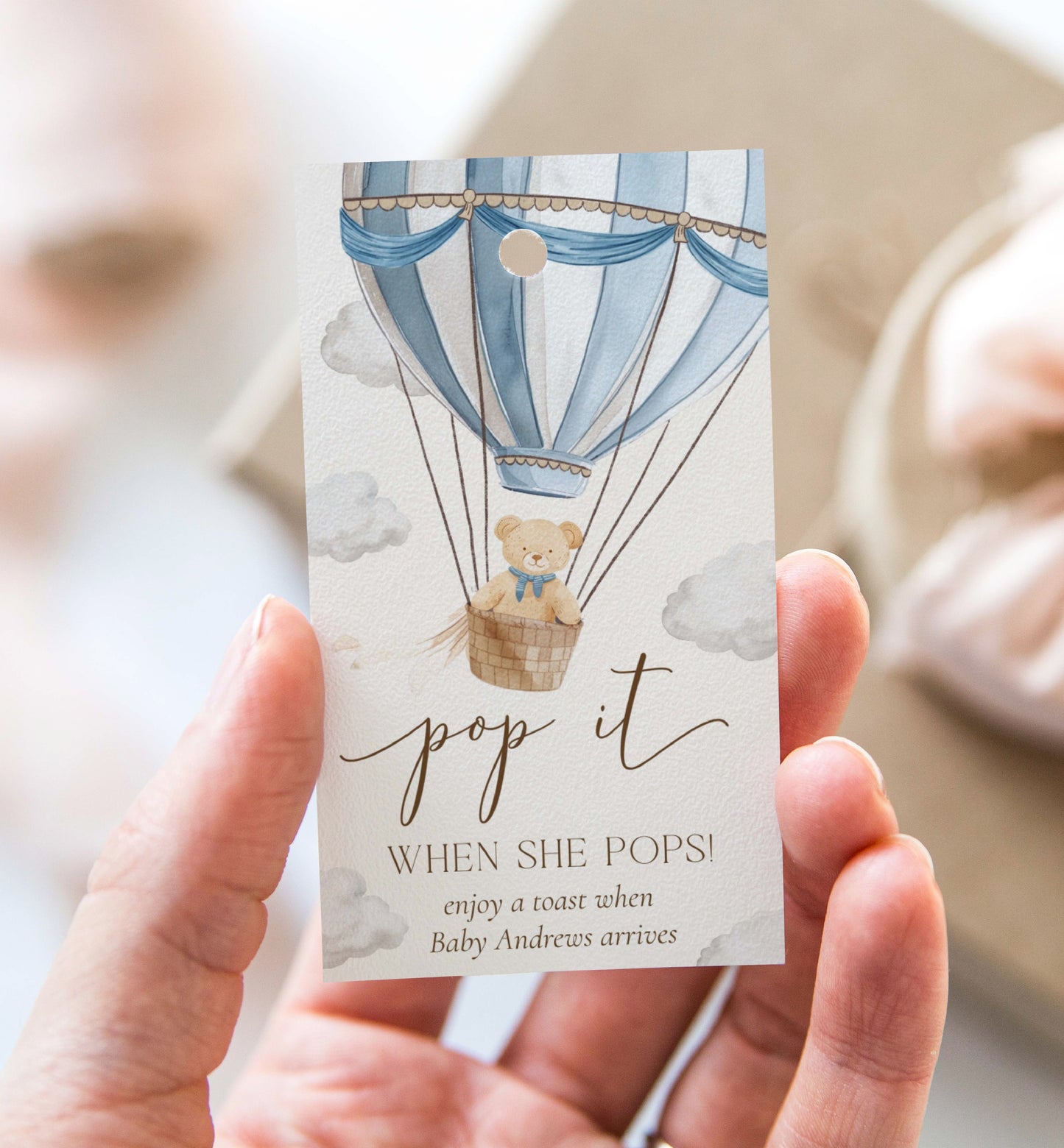 Pop It When She Pops Champagne Favor Tag and Label, Printable Hot Air Balloon Blue Boy Baby Shower Pop It Favor Tag, Teddy Bear Mini Wine Bottle Label