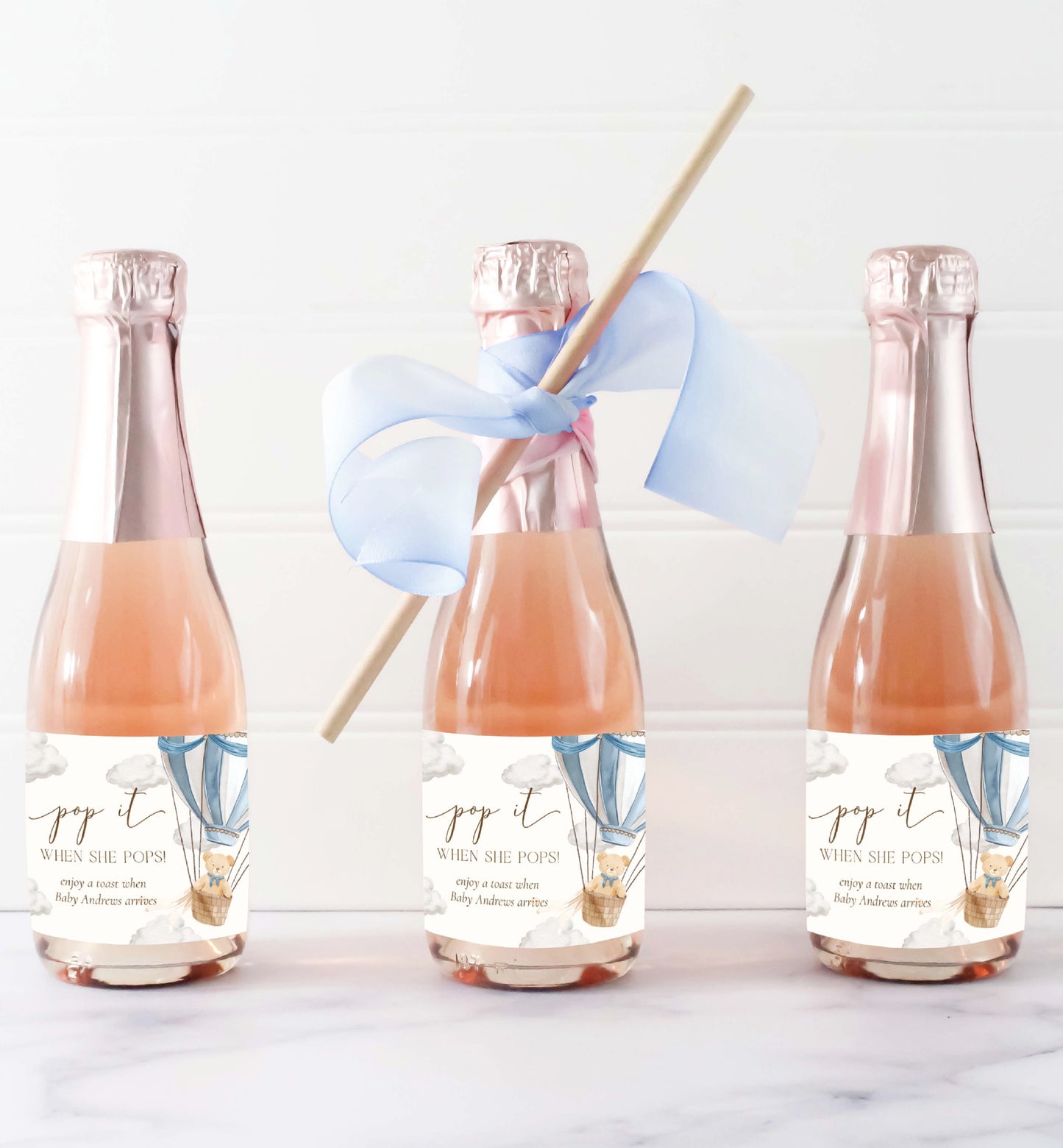 Pop It When She Pops Champagne Favor Tag and Label, Printable Hot Air Balloon Blue Boy Baby Shower Pop It Favor Tag, Teddy Bear Mini Wine Bottle Label