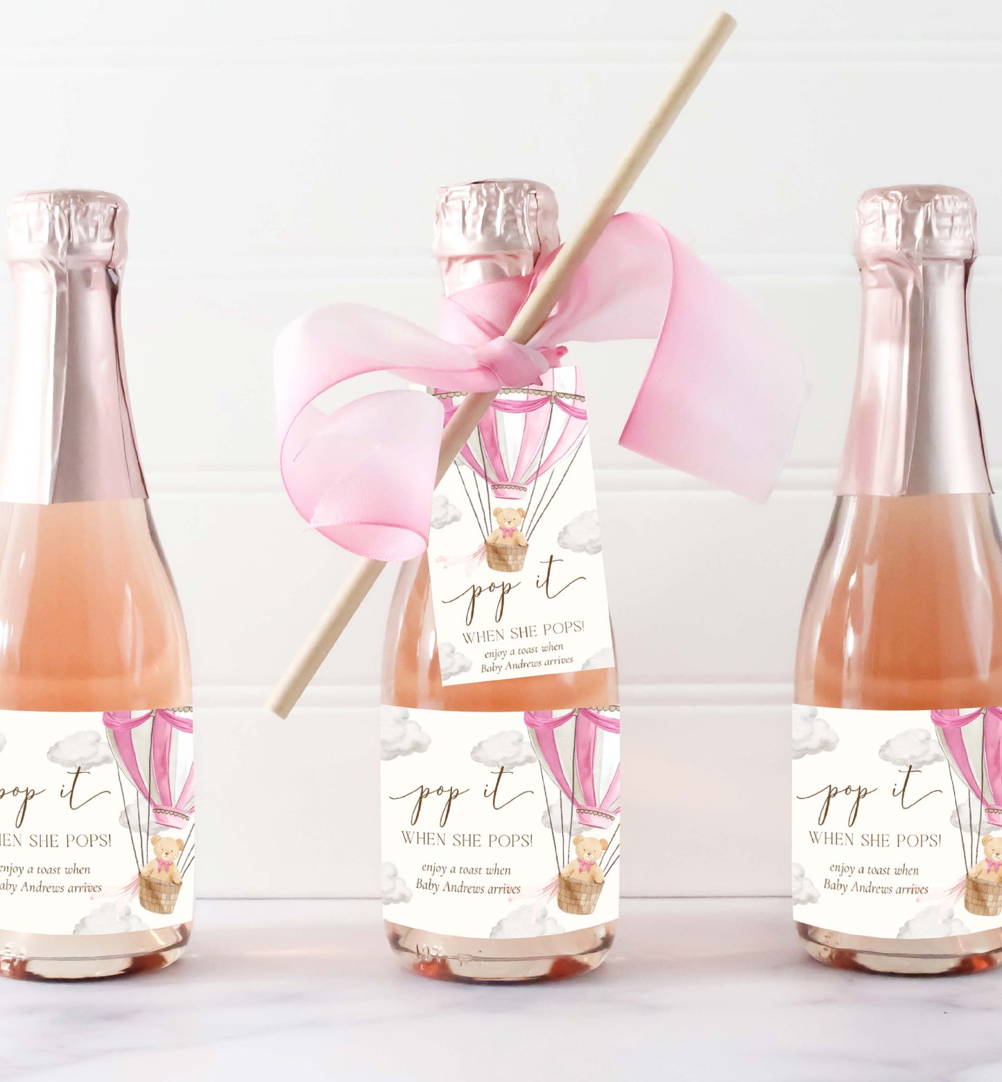 Pop It When She Pops Champagne Favor Tag and Label, Printable Hot Air Balloon Teddy Bear Girl Baby Shower Pop It Tag, Mini Wine Bottle Tag
