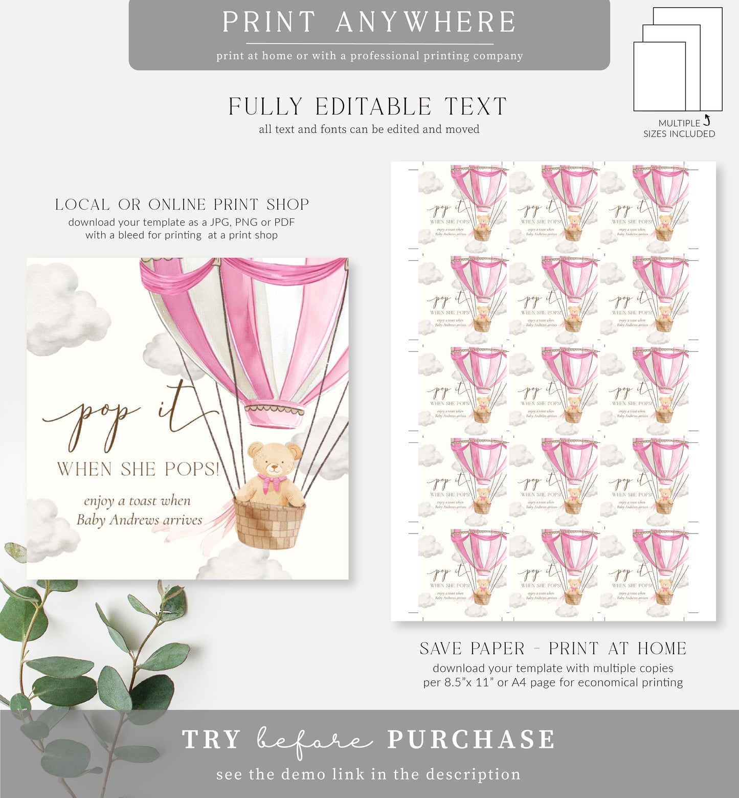Bearly Wait Pink | Printable Pop It Tags Template