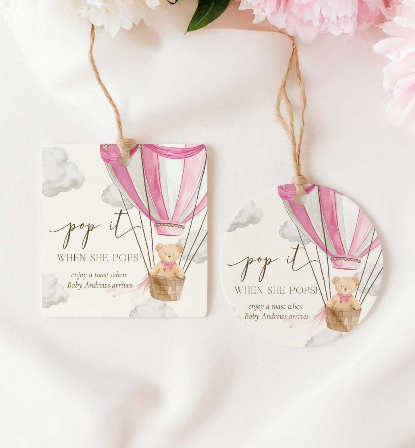 Pop It When She Pops Champagne Favor Tag and Label, Printable Hot Air Balloon Teddy Bear Girl Baby Shower Pop It Tag, Mini Wine Bottle Tag