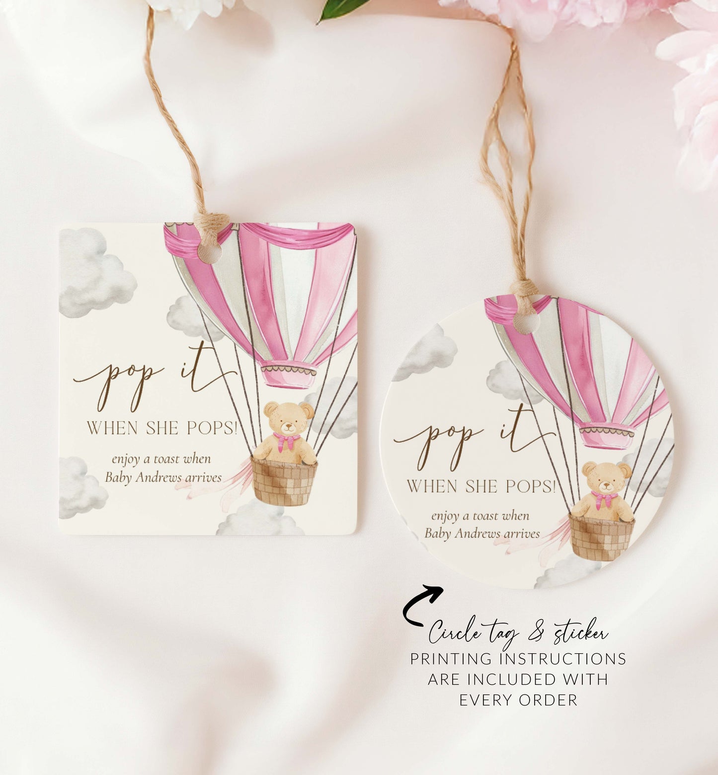 Pop It When She Pops Champagne Favor Tag and Label, Printable Hot Air Balloon Teddy Bear Girl Baby Shower Pop It Tag, Mini Wine Bottle Tag