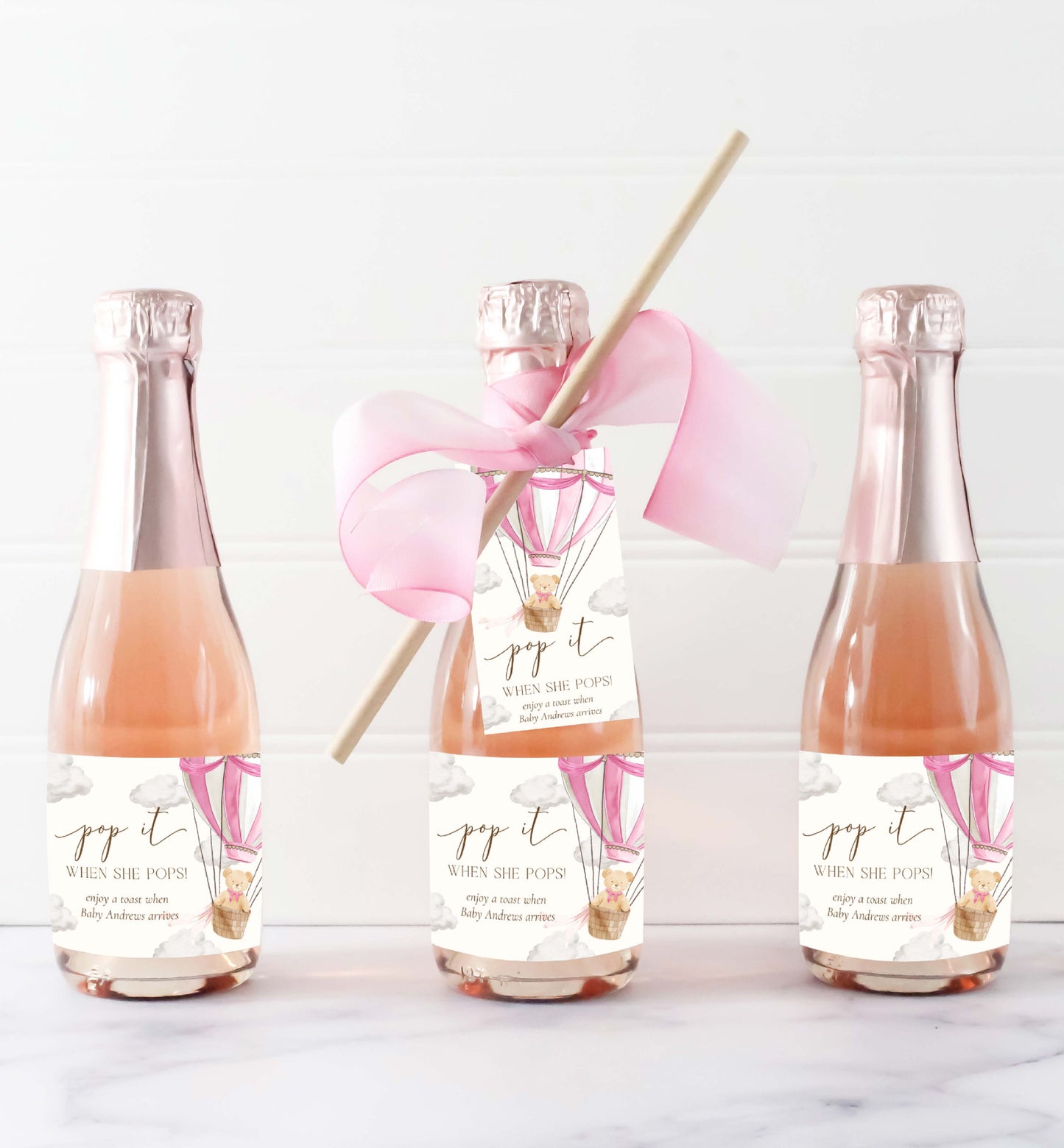 Pop It When She Pops Champagne Favor Tag and Label, Printable Hot Air Balloon Teddy Bear Girl Baby Shower Pop It Tag, Mini Wine Bottle Tag