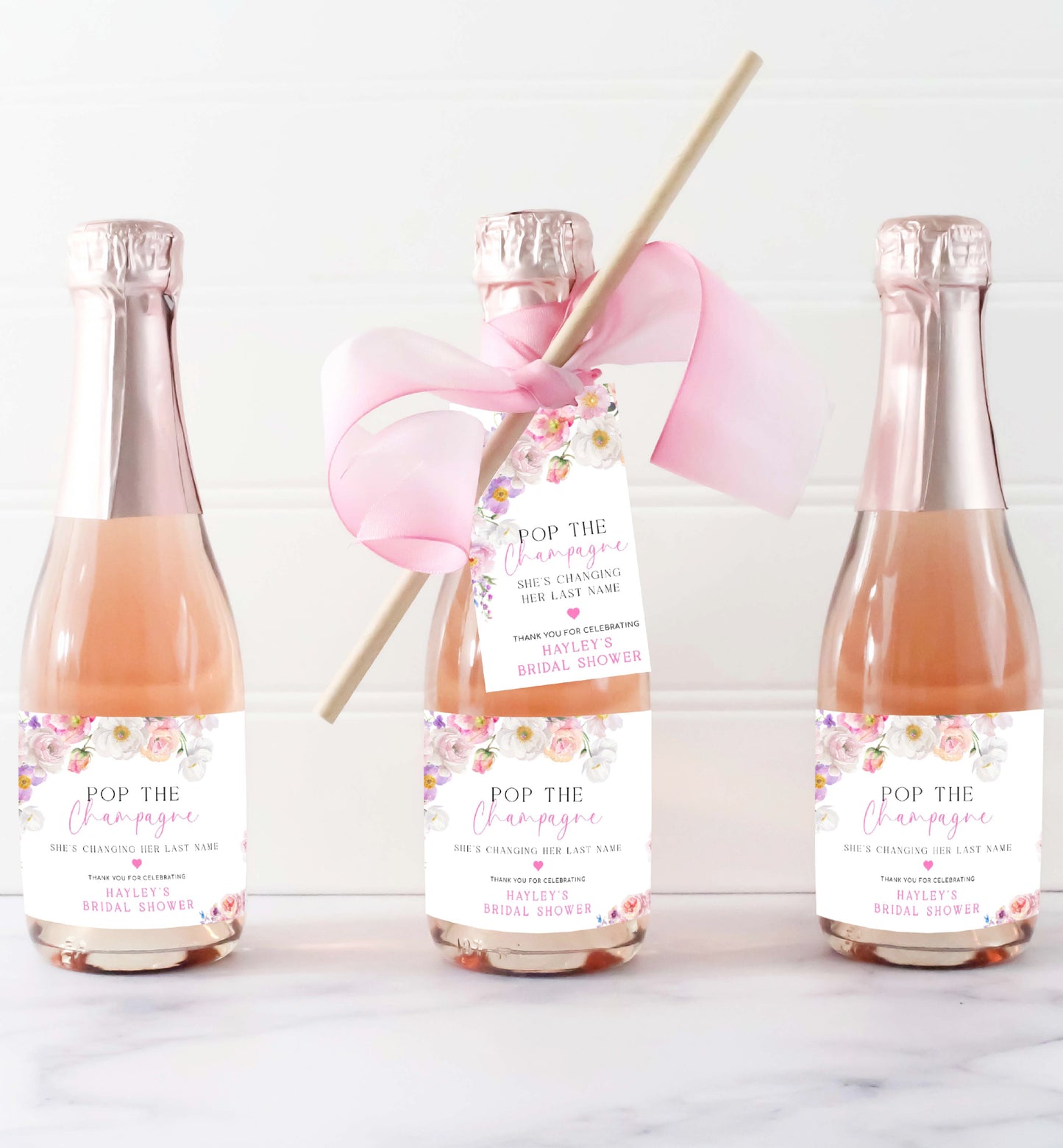 Pop The Champagne Bottle Printable Favor Tag, Spring Wildflowers, Bridal Shower Changing Her Last Name Favor Tag, Mini Wine Bottle, Eloise