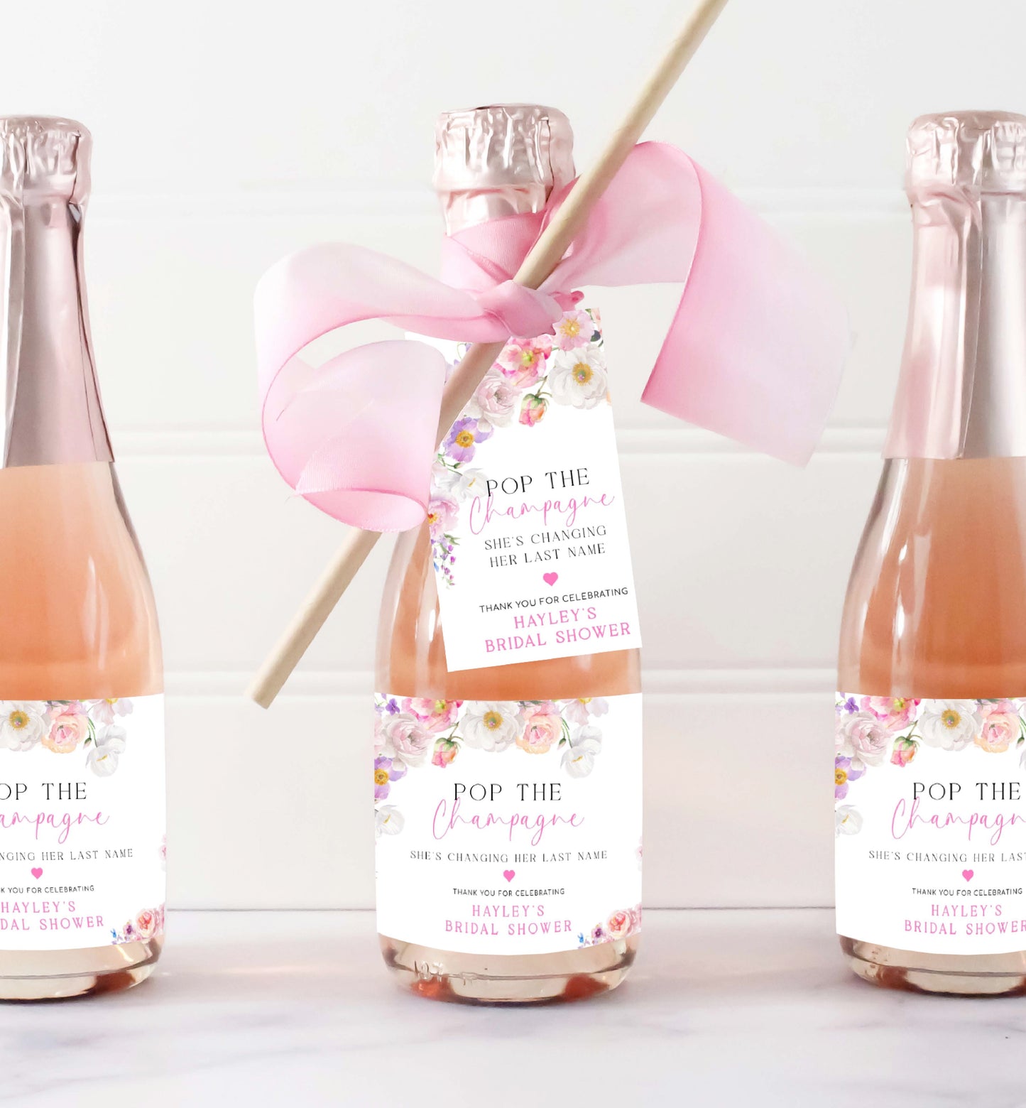 Pop The Champagne Bottle Printable Favor Tag, Spring Wildflowers, Bridal Shower Changing Her Last Name Favor Tag, Mini Wine Bottle, Eloise