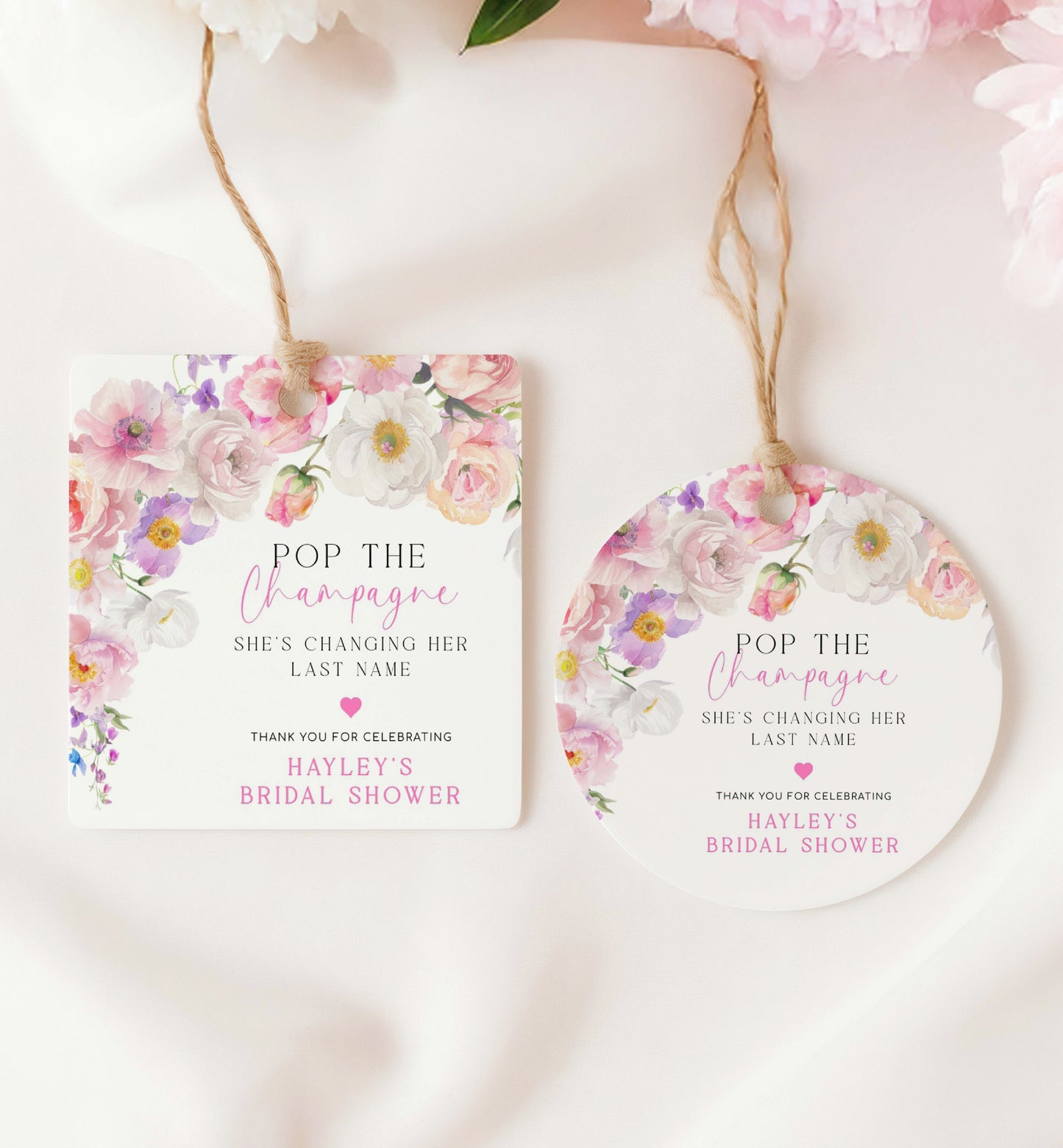 Pop The Champagne Bottle Printable Favor Tag, Spring Wildflowers, Bridal Shower Changing Her Last Name Favor Tag, Mini Wine Bottle, Eloise