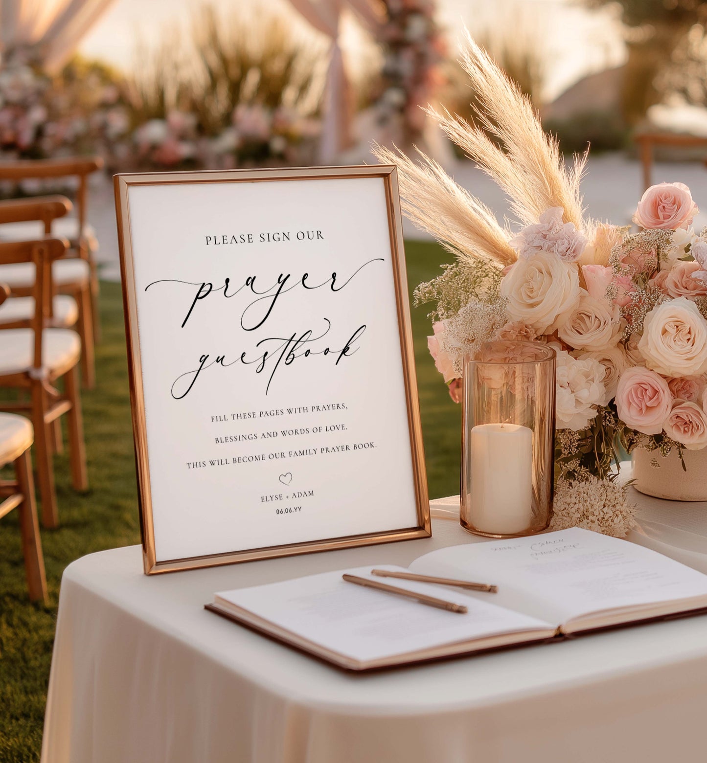 Wedding prayer guestbook with floral arrangement and candles on a table outdoors. Minimalist Wedding Prayer Guestbook Sign (Printable), Bible Guestbook