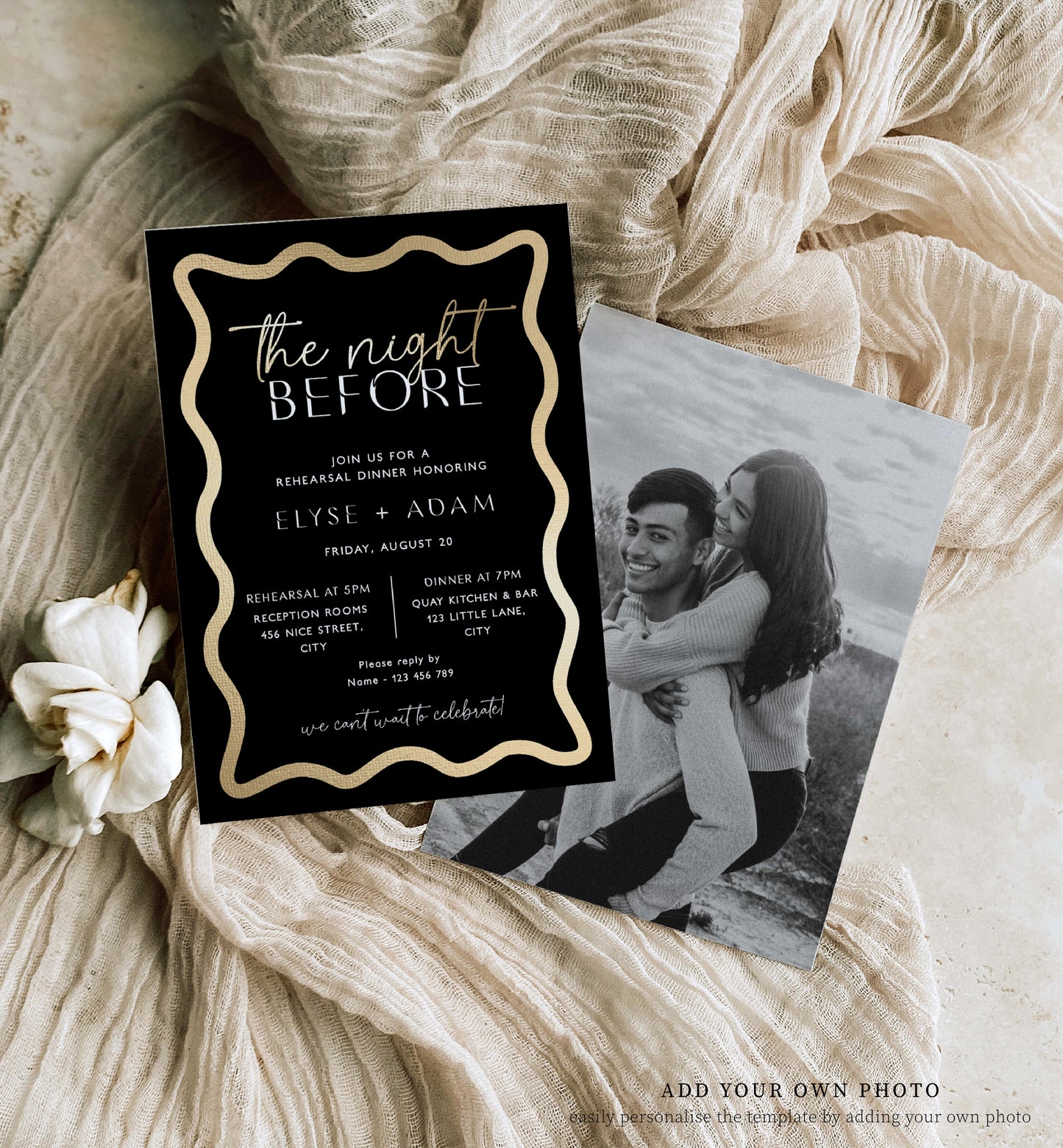 Wave Black Gold | Printable Rehearsal Dinner Invitation Template