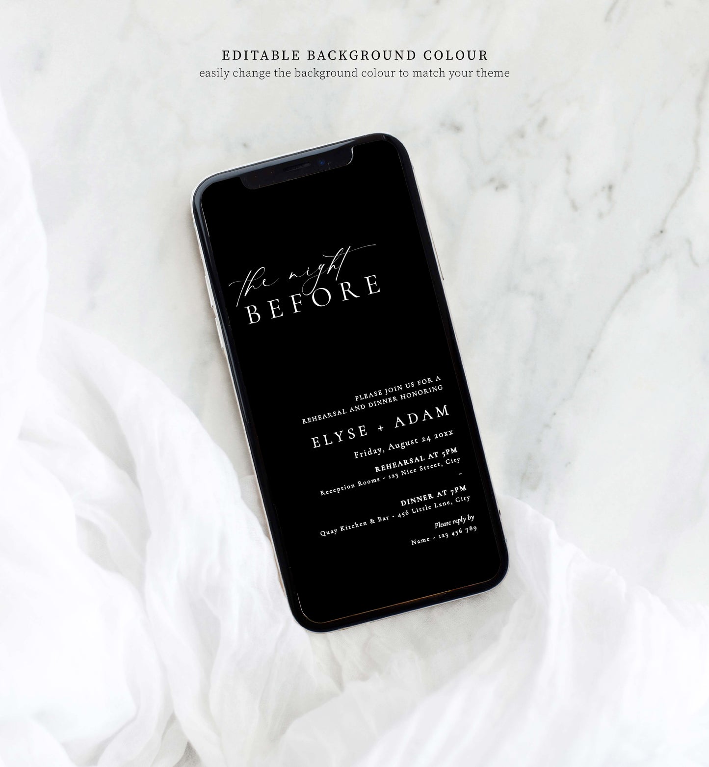 Ellesmere White | Smartphone Rehearsal Dinner Invitation Template