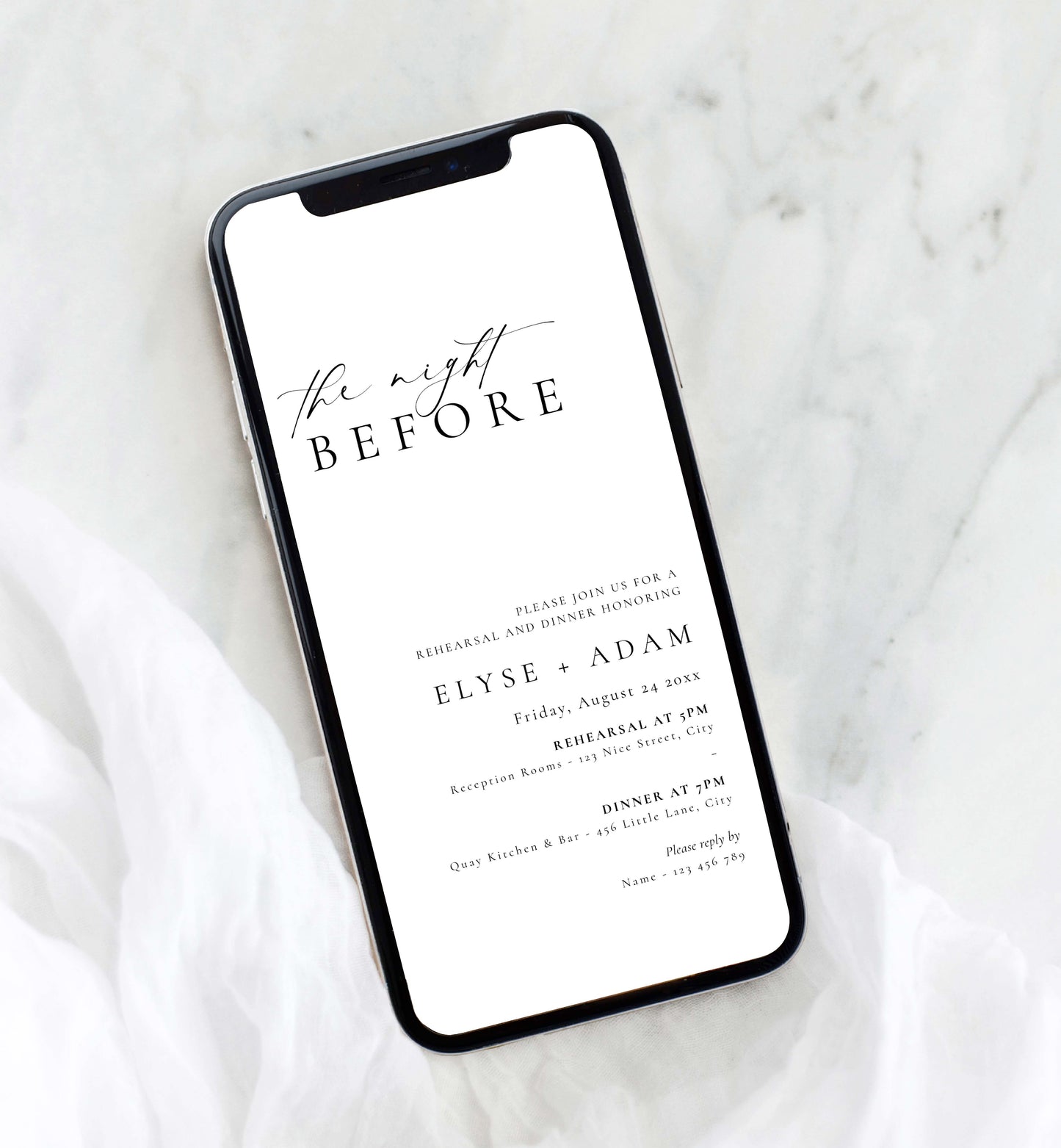 Ellesmere White | Smartphone Rehearsal Dinner Invitation Template