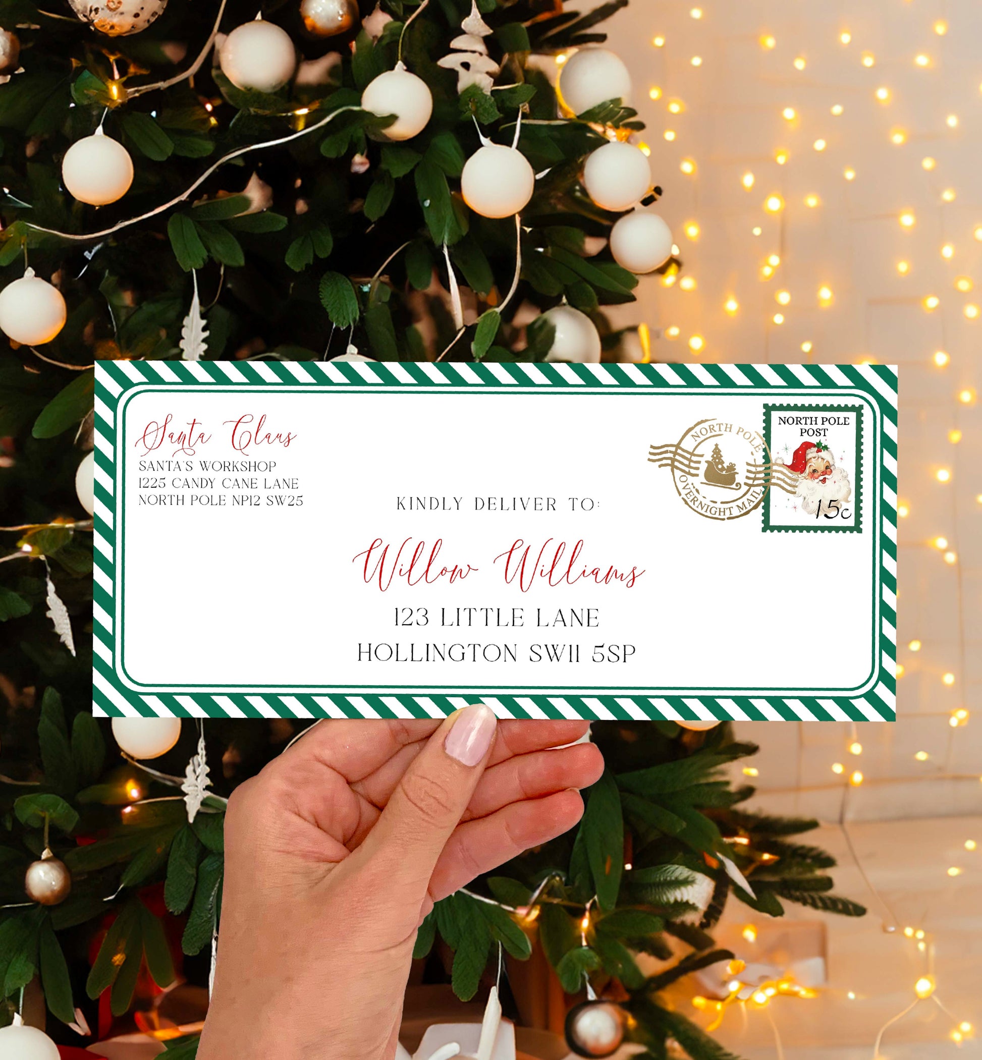 Printable Santa North Pole Mail Envelope Template, Christmas Letter From Santa Envelope, Christmas Eve Box Santa Letter, Green Stripe