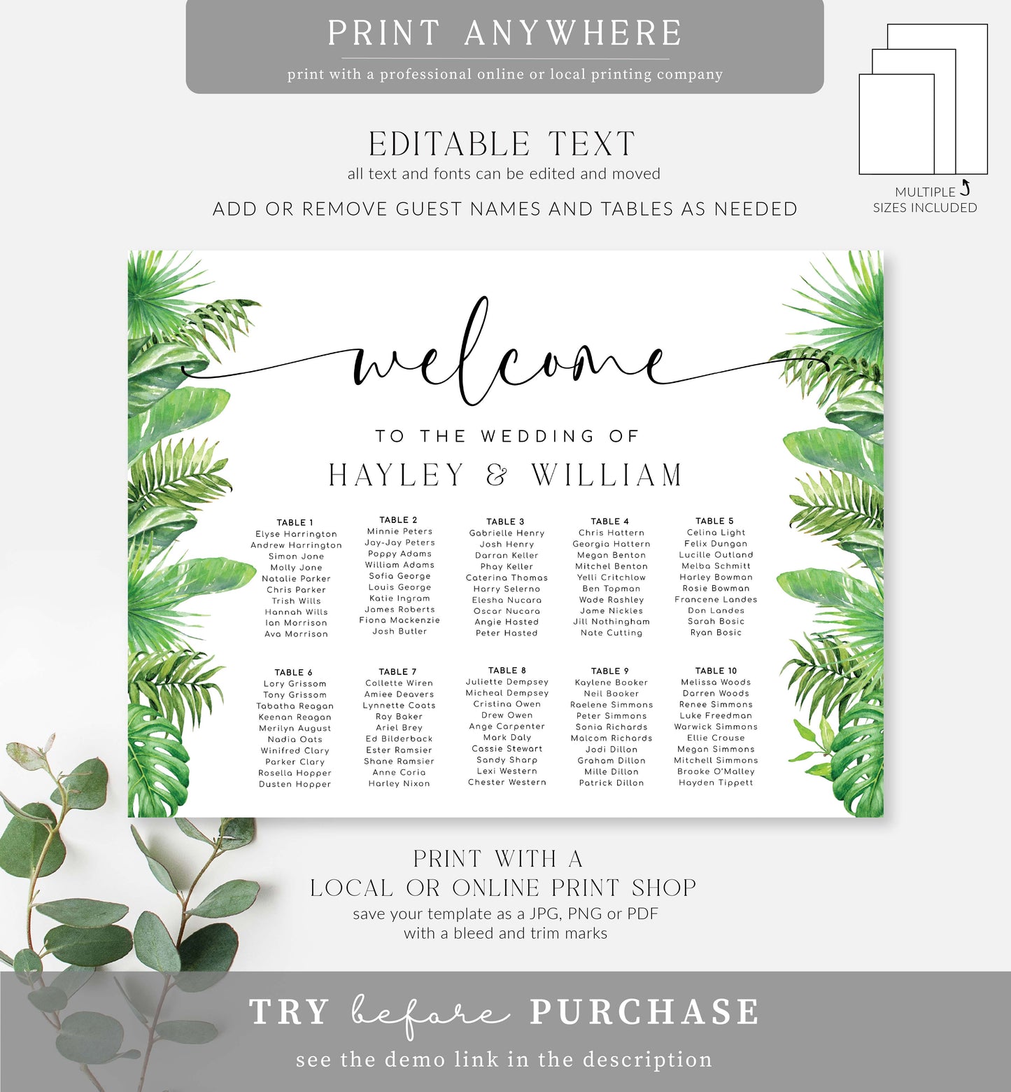 Nantucket Palm | Printable Seating Chart Template
