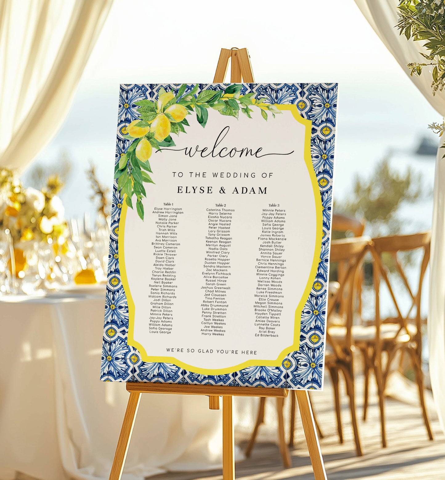 Wedding welcome sign with floral design on an easel outdoors. Printable 3 Long Tables Wedding Seating Chart Template, Positano Blue Tile Lemon, Seating Table Plan Poster, Reception Seating Sign