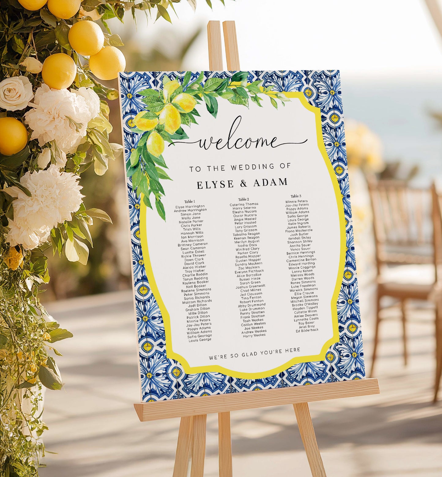 Wedding seating chart with decorative border and floral arrangement. Printable 3 Long Tables Wedding Seating Chart Template, Positano Blue Tile Lemon, Seating Table Plan Poster, Reception Seating Sign