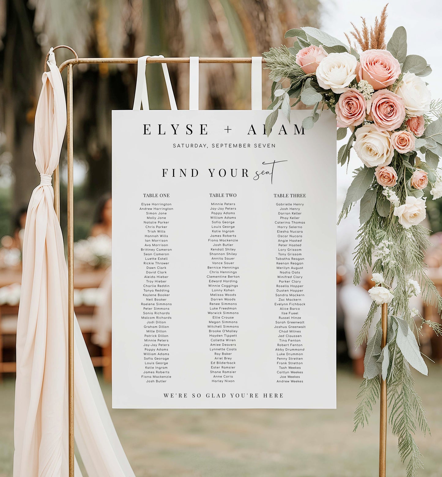 Wedding seating chart with floral decorations on a stand outdoors. Printable Wedding 3 Banquet Table Seating Plan, Modern Minimal Editable Seating Chart Template, Guest List Seating Plan Poster, Estelle