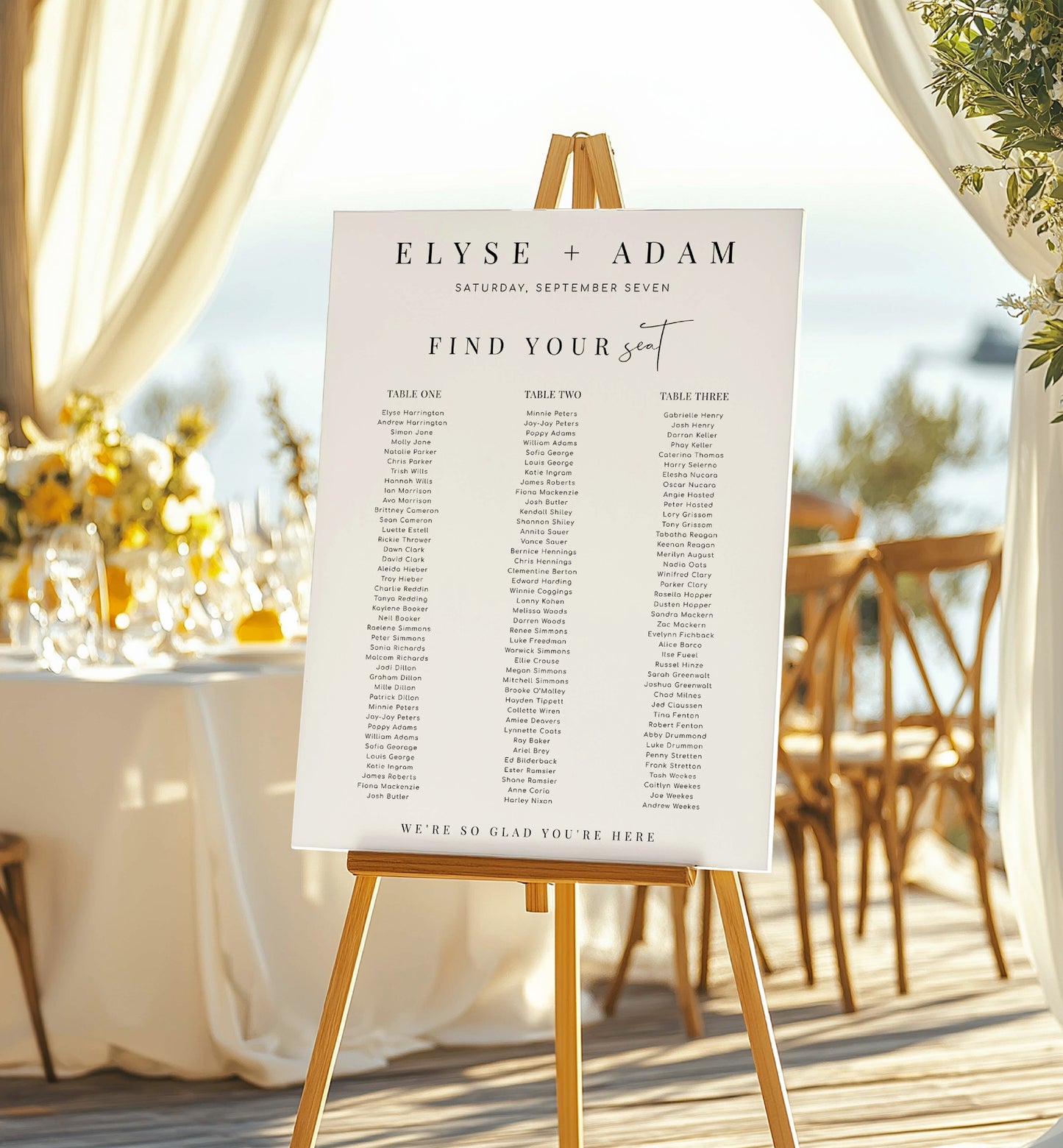 Wedding seating chart on an easel with outdoor setting. Printable Wedding 3 Banquet Table Seating Plan, Modern Minimal Editable Seating Chart Template, Guest List Seating Plan Poster, Estelle