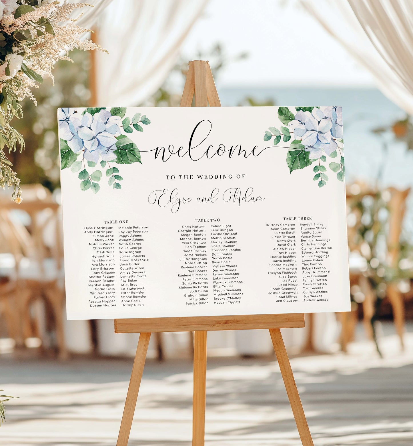 Wedding seating chart sign with floral design on a wooden easel outdoors. Editable Seating Chart, Blue Hydrangea Wedding 3 Banquet Table Plan, Wedding Welcome Sign, Seating Plan Poster, Ferras Blossom