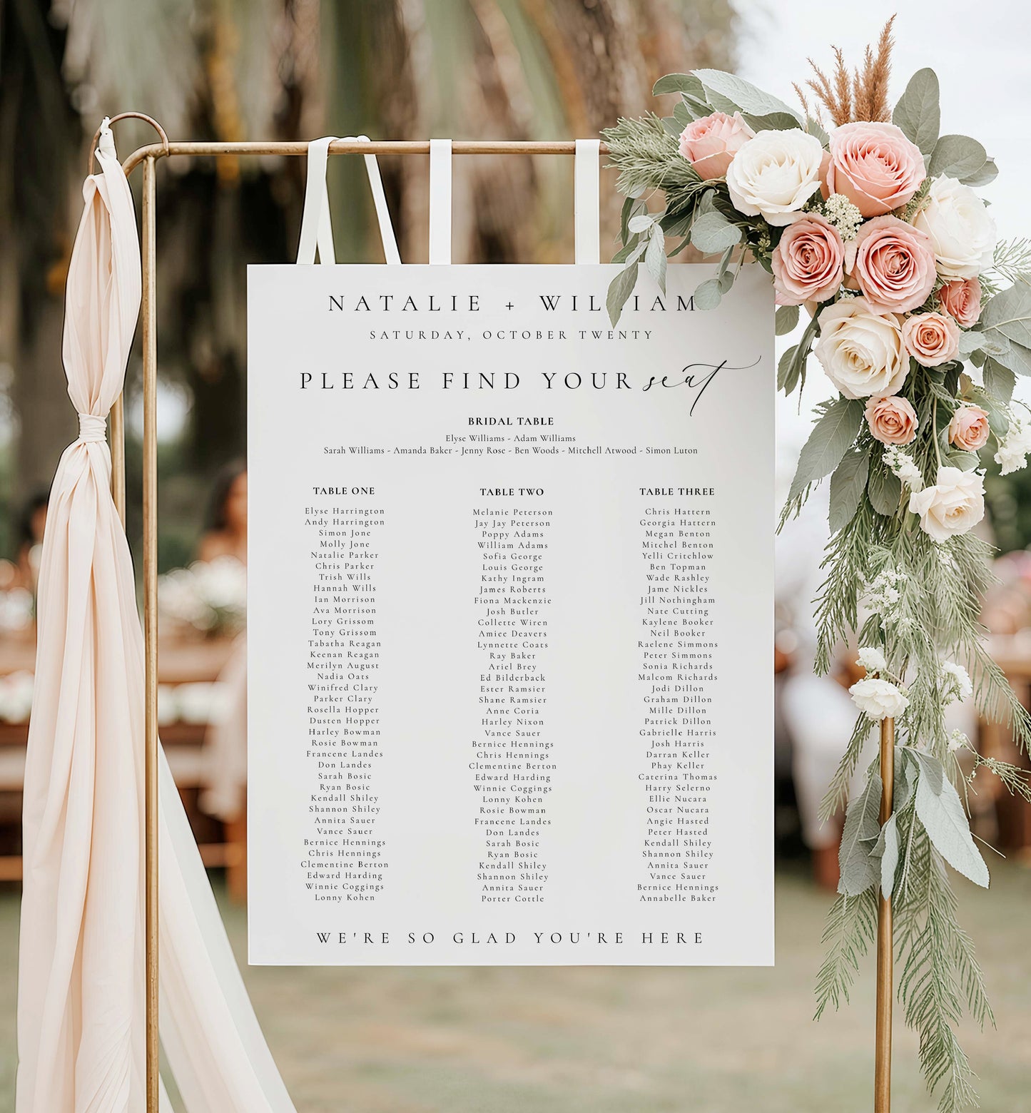 Wedding seating chart with floral decorations on a stand. Printable Wedding Table Plan Template, Minimalist Wedding Banquet Long Tables Seating Chart Template, Wedding Seating Plan Poster, Ellesmere