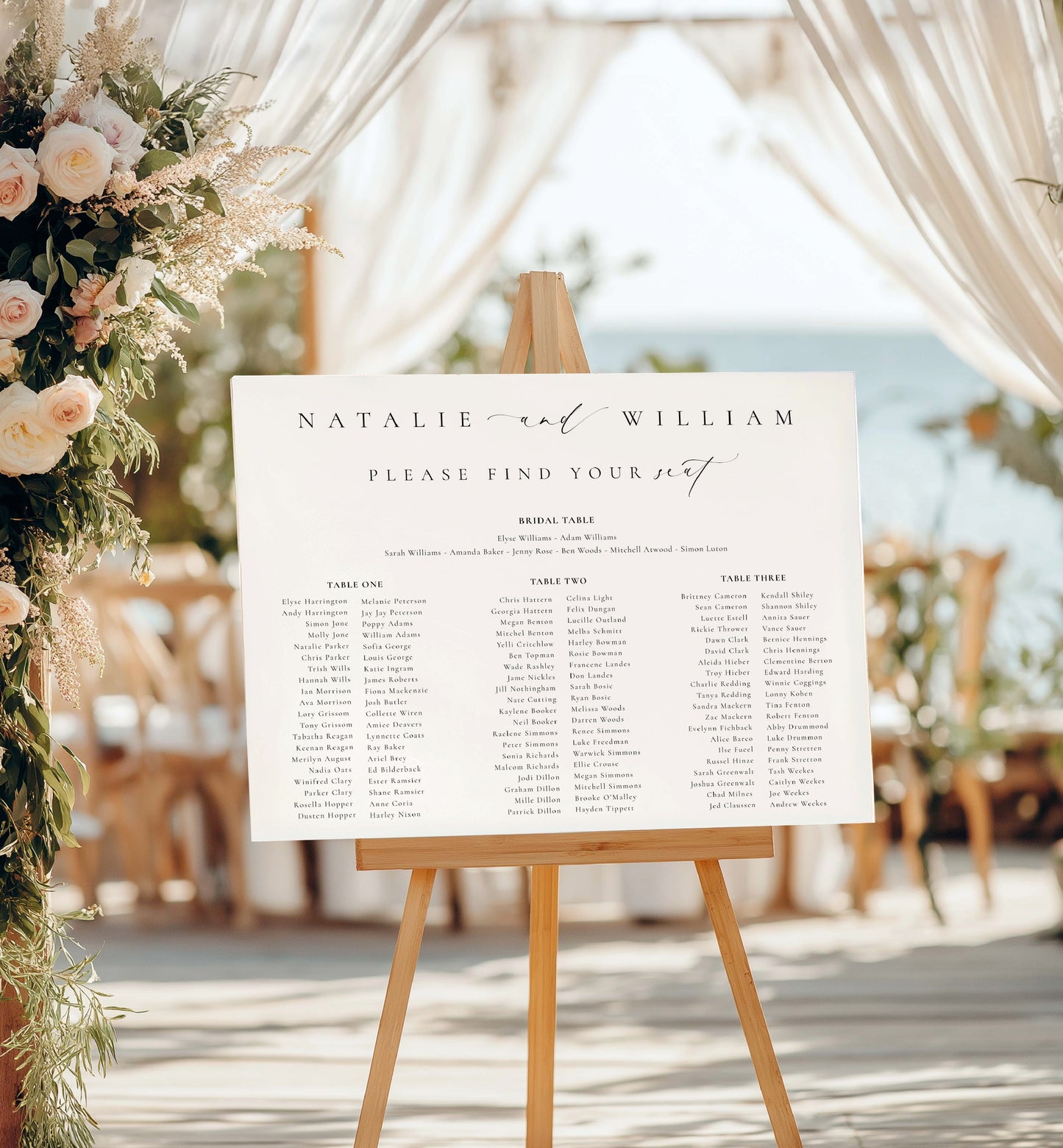 Wedding seating chart on an easel with floral decorations and outdoor setting.
Printable Wedding Table Plan Template, Minimalist Wedding Banquet Long Tables Seating Chart Template, Wedding Seating Plan Poster, Ellesmere