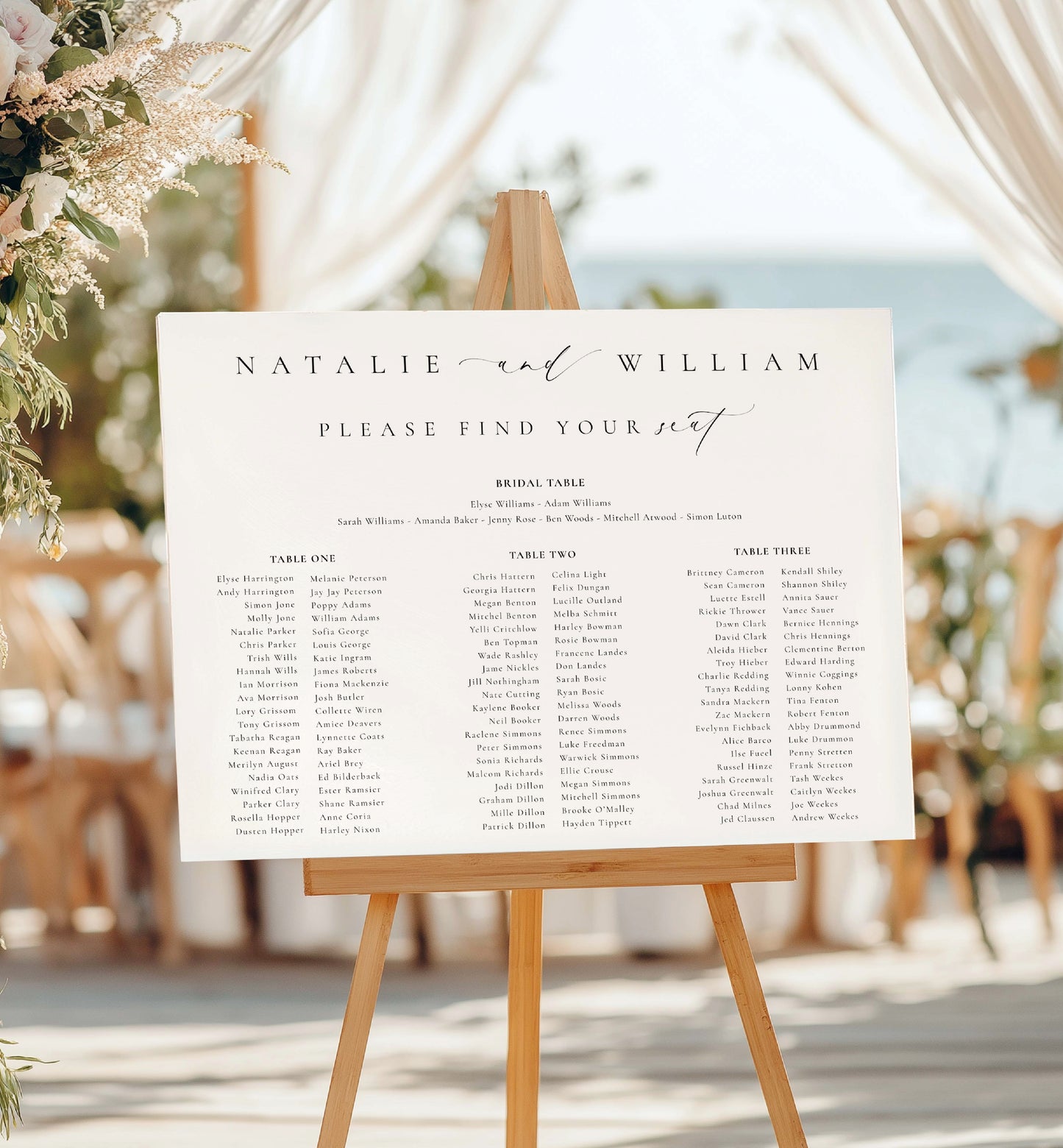 Wedding seating chart on an easel with floral decorations and blurred outdoor background.
Printable Wedding Table Plan Template, Minimalist Wedding Banquet Long Tables Seating Chart Template, Wedding Seating Plan Poster, Ellesmere