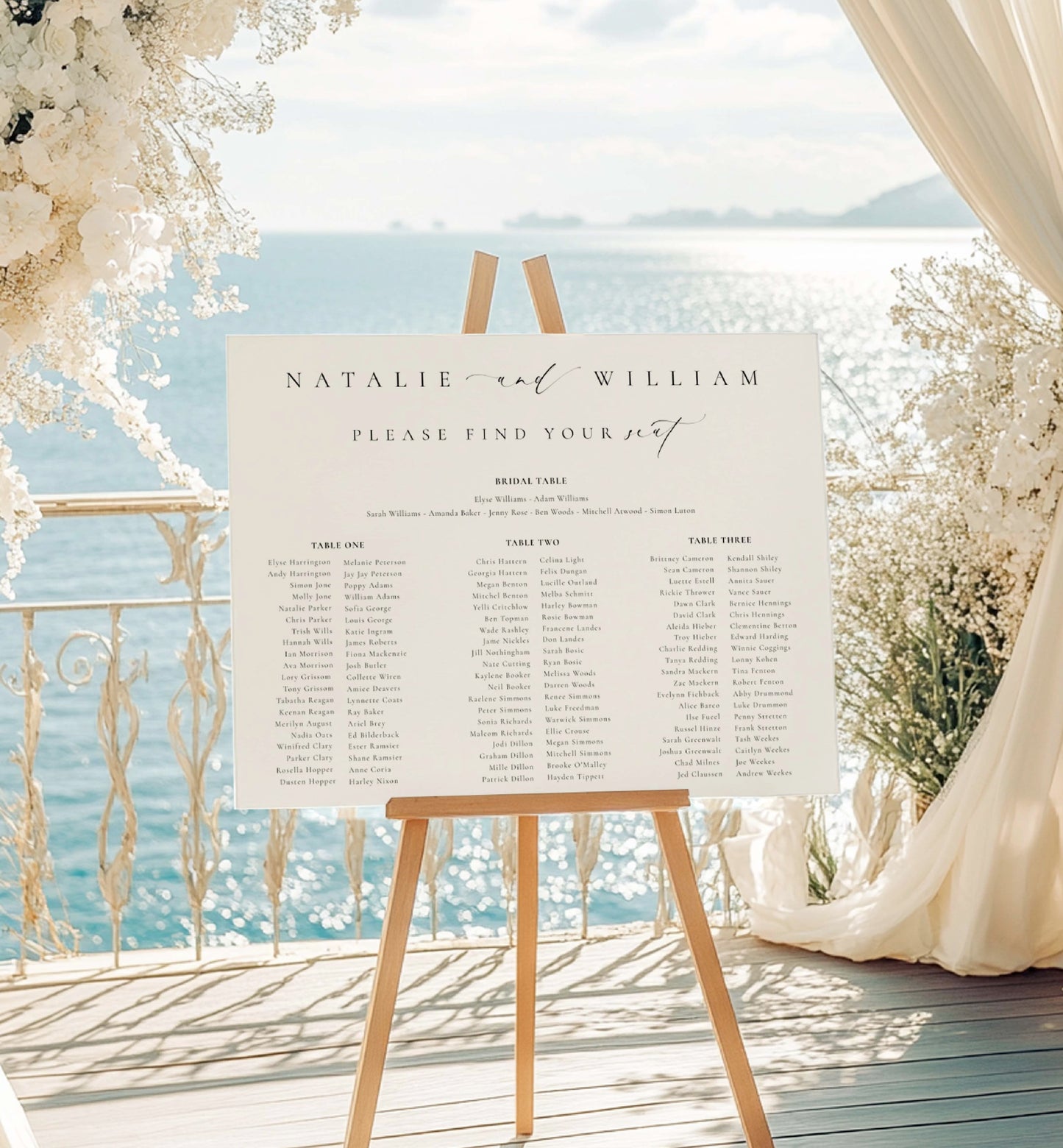 Wedding seating chart on an easel with a scenic background.
Printable Wedding Table Plan Template, Minimalist Wedding Banquet Long Tables Seating Chart Template, Wedding Seating Plan Poster, Ellesmere