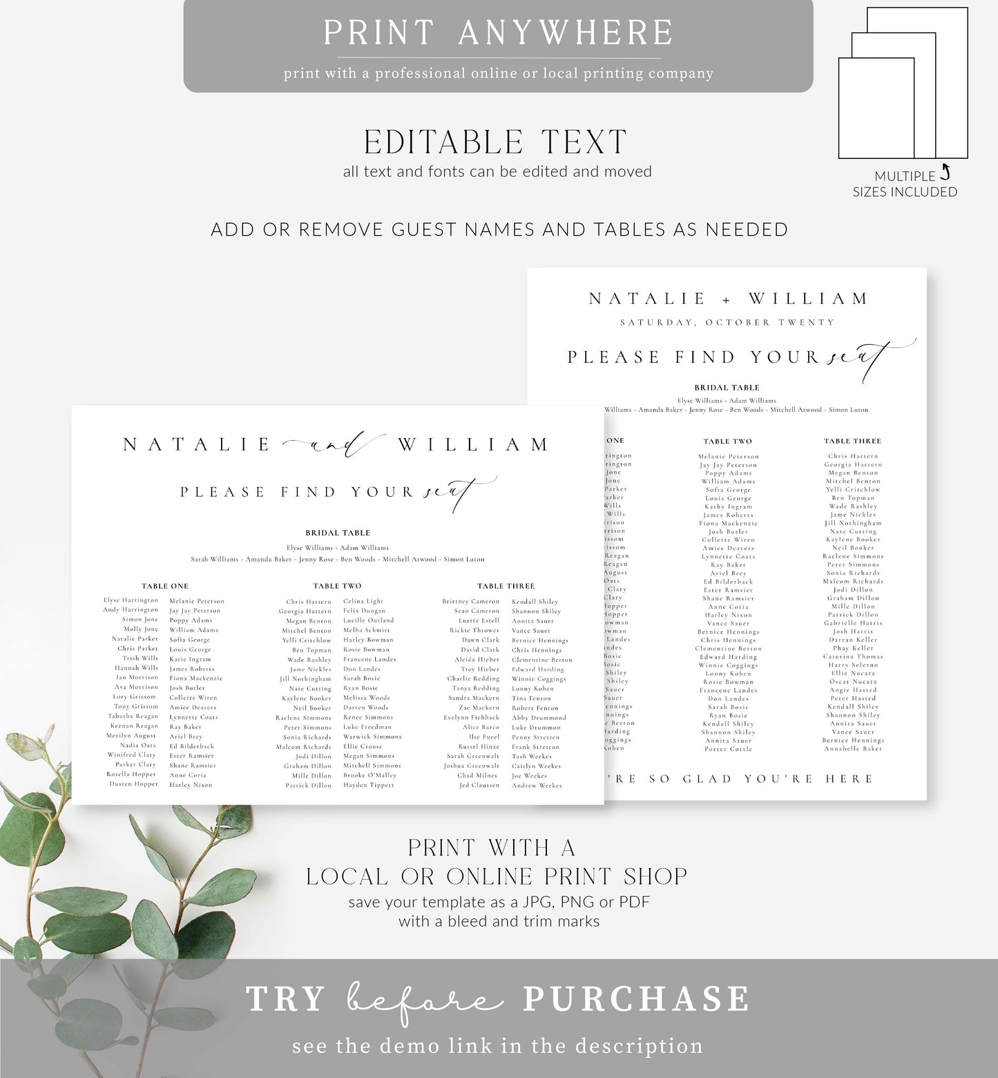 Ellesmere White | Printable Seating Chart Template