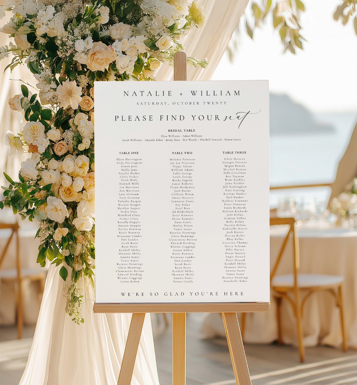 Wedding seating chart on an easel with floral decorations and blurred background. Printable Wedding Table Plan Template, Minimalist Wedding Banquet Long Tables Seating Chart Template, Wedding Seating Plan Poster, Ellesmere