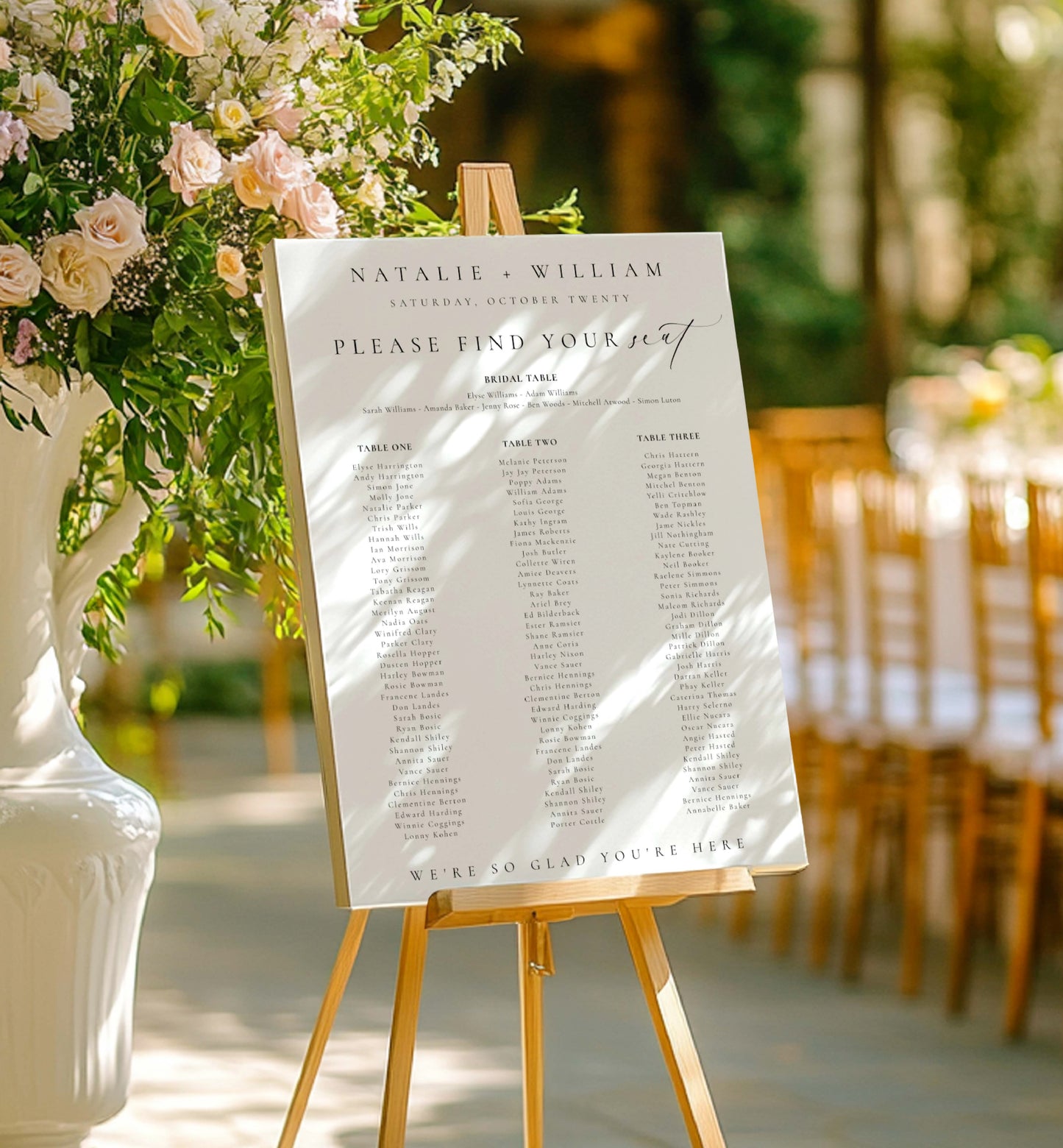 Wedding seating chart on an easel with floral decorations and chairs in the background.
Printable Wedding Table Plan Template, Minimalist Wedding Banquet Long Tables Seating Chart Template, Wedding Seating Plan Poster, Ellesmere