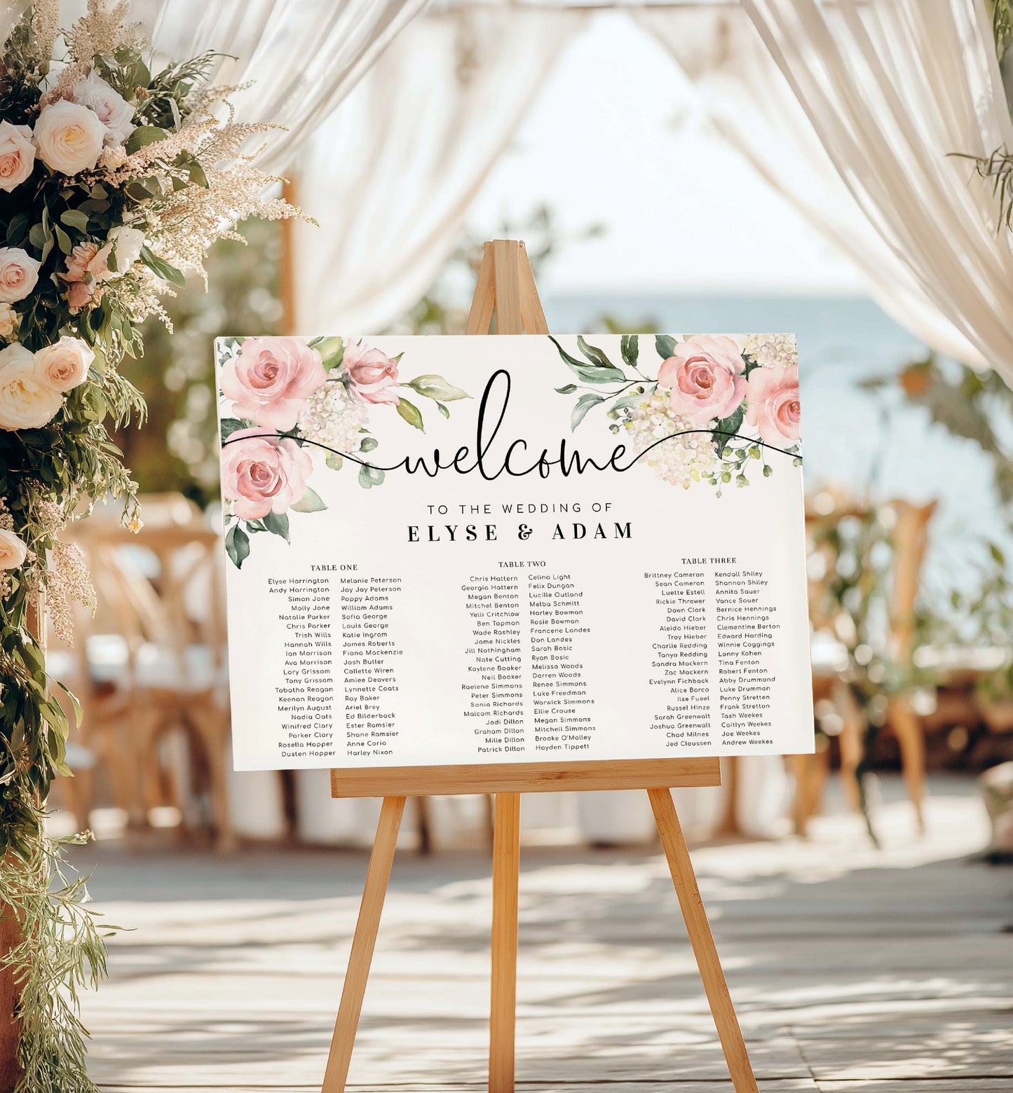 Wedding welcome sign with floral design on an easel outdoors. Printable Wedding 3 Long Tables Seating Chart, Wedding Banquet Table Plan, Editable Seating Chart Template, Seating Plan Poster, Darcy