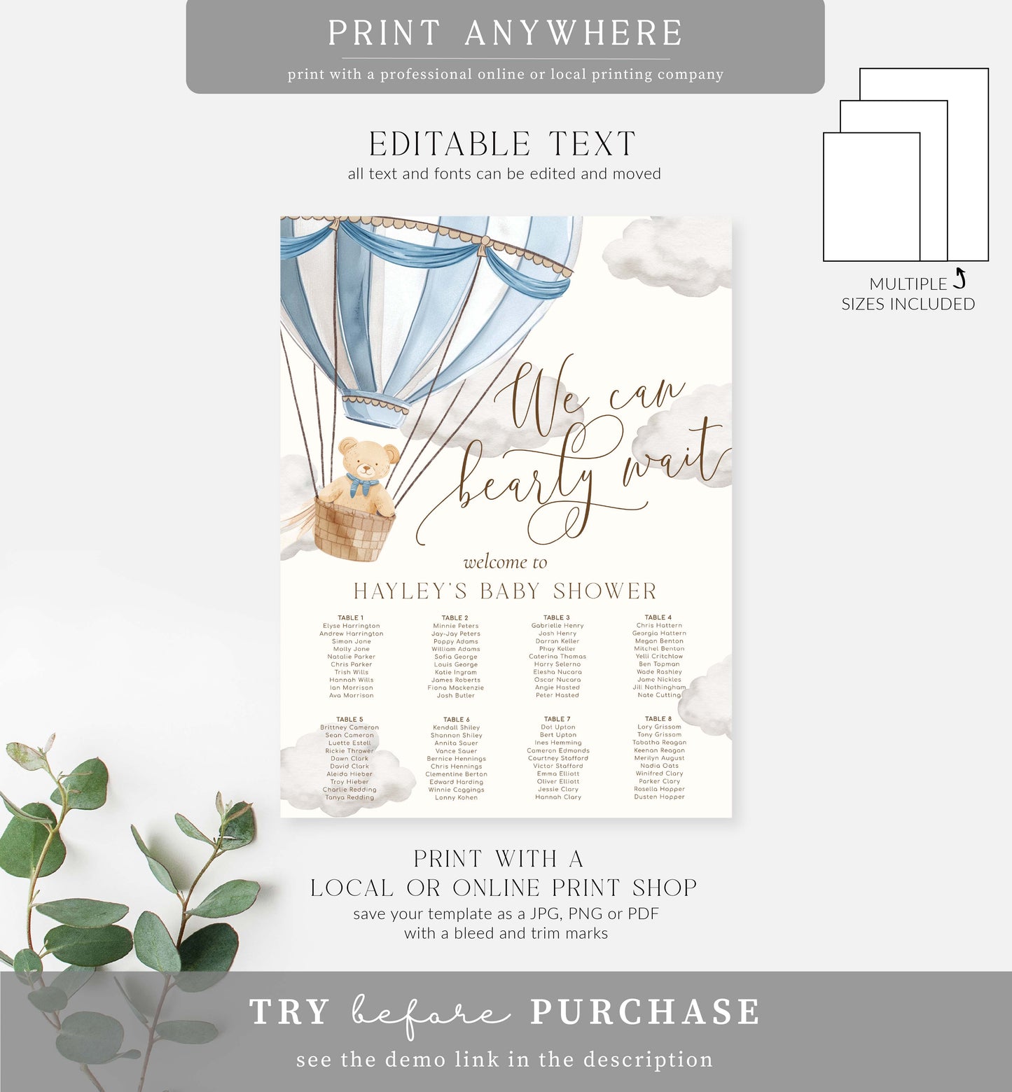 Bearly Wait Blue | Printable Seating Chart Template