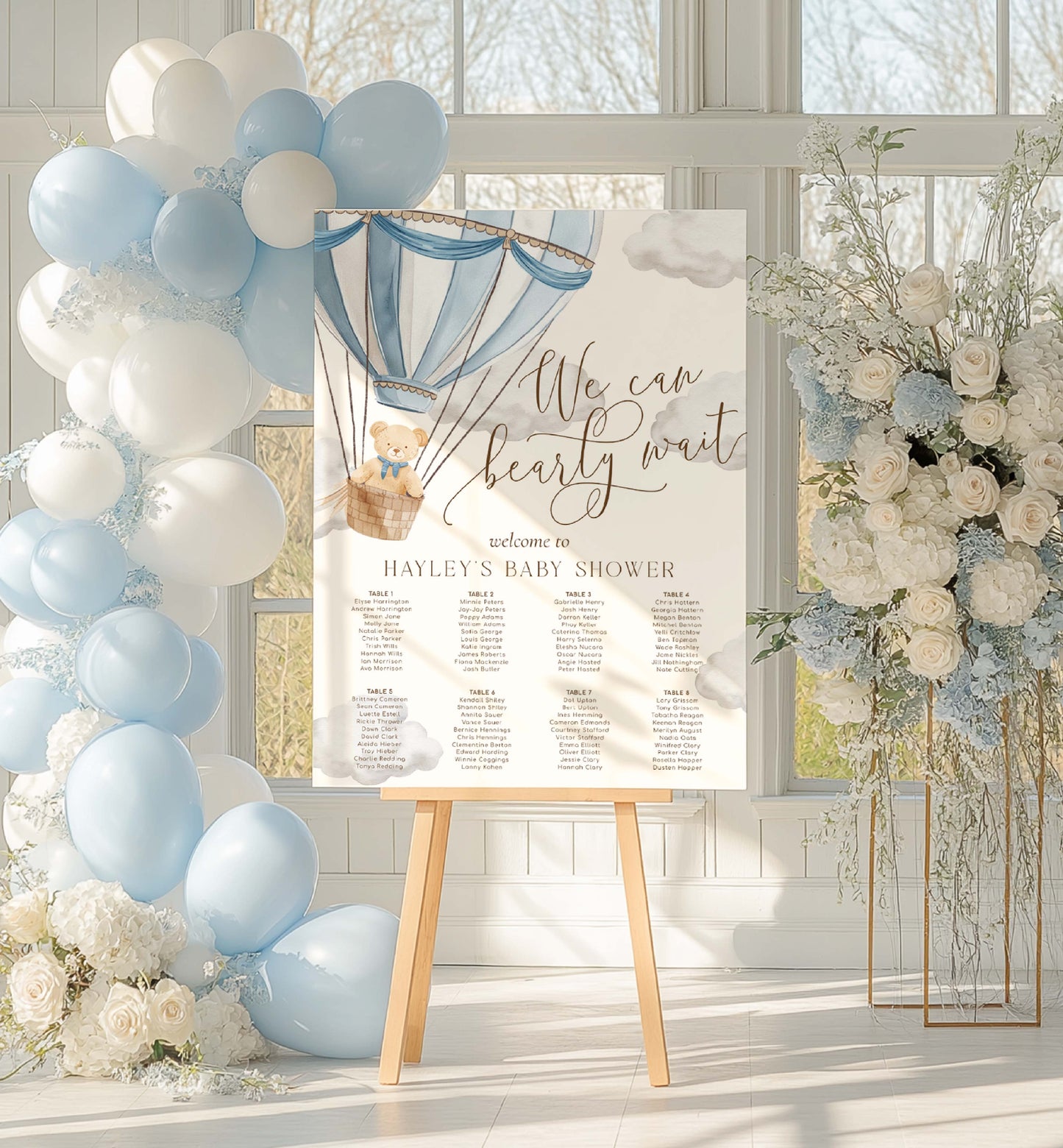 Printable Teddy Bear Seating Chart Sign Template, We Can Bearly Wait Baby Shower Seating Plan Sign, Blue Hot Air Balloon Guest List Sign