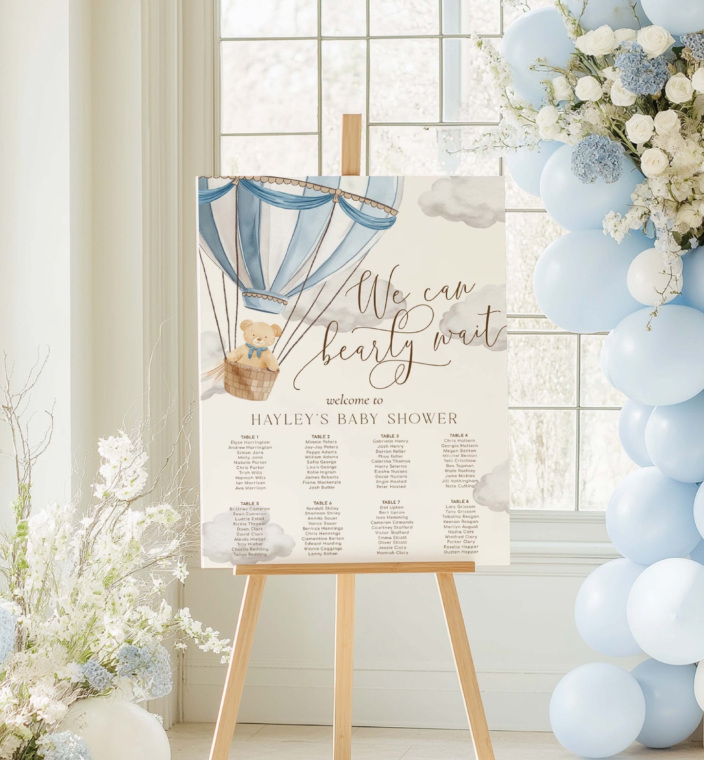 Printable Teddy Bear Seating Chart Sign Template, We Can Bearly Wait Baby Shower Seating Plan Sign, Blue Hot Air Balloon Guest List Sign