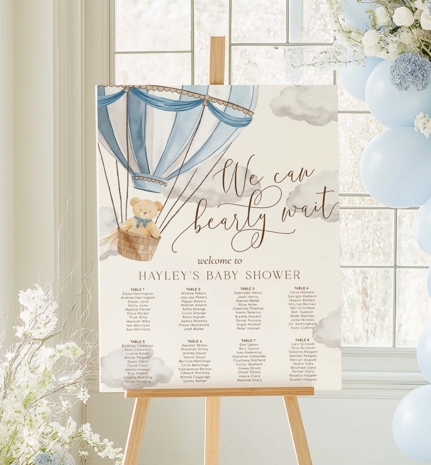 Printable Teddy Bear Seating Chart Sign Template, We Can Bearly Wait Baby Shower Seating Plan Sign, Blue Hot Air Balloon Guest List Sign