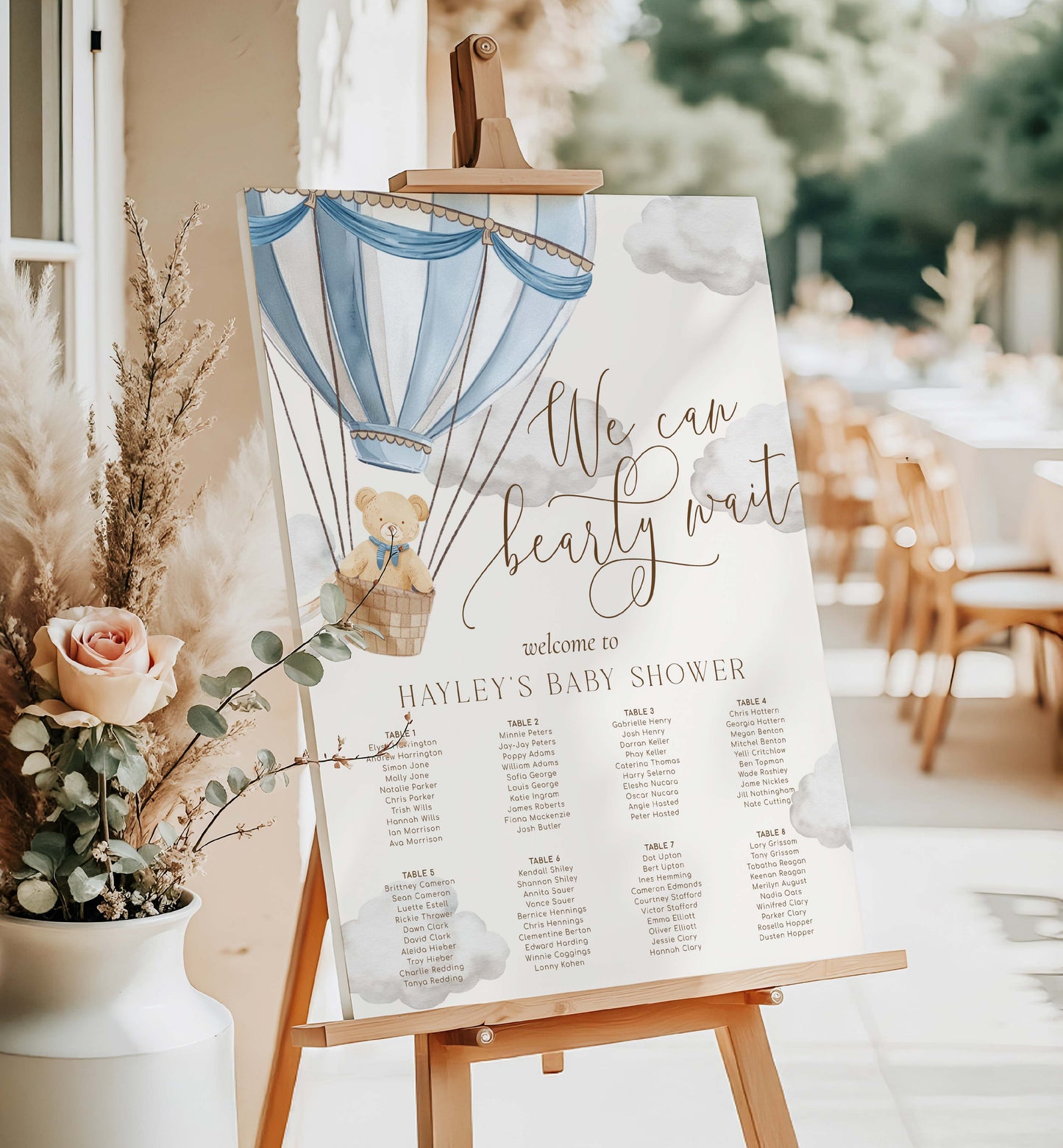 Printable Teddy Bear Seating Chart Sign Template, We Can Bearly Wait Baby Shower Seating Plan Sign, Blue Hot Air Balloon Guest List Sign