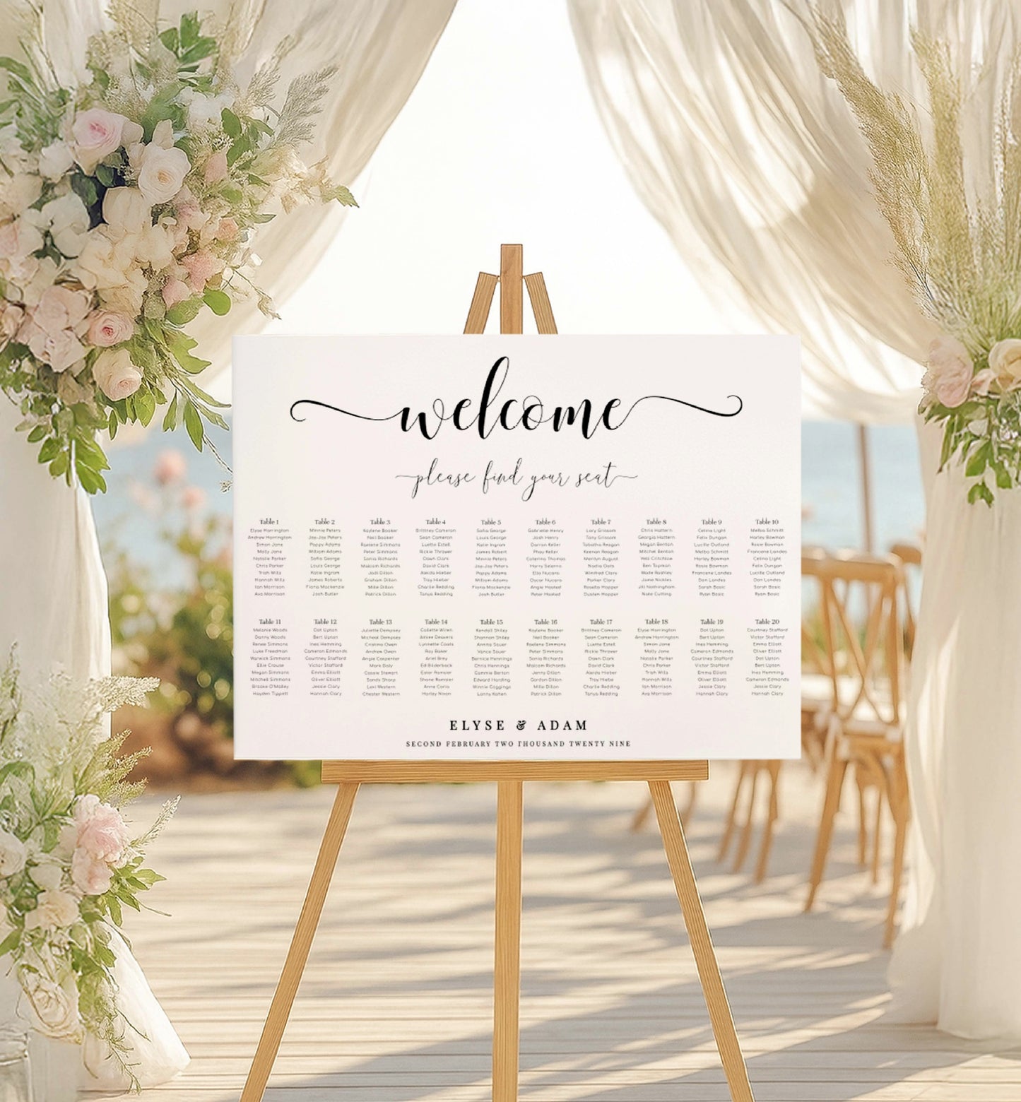 Wedding seating chart on an easel with floral decorations and outdoor setting. Minimalist Wedding Seating Chart, Printable Modern Seating Chart Board, Simple Clean Wedding Seating Sign, Wedding Poster, 20 table seating chart, 30 table seating chart