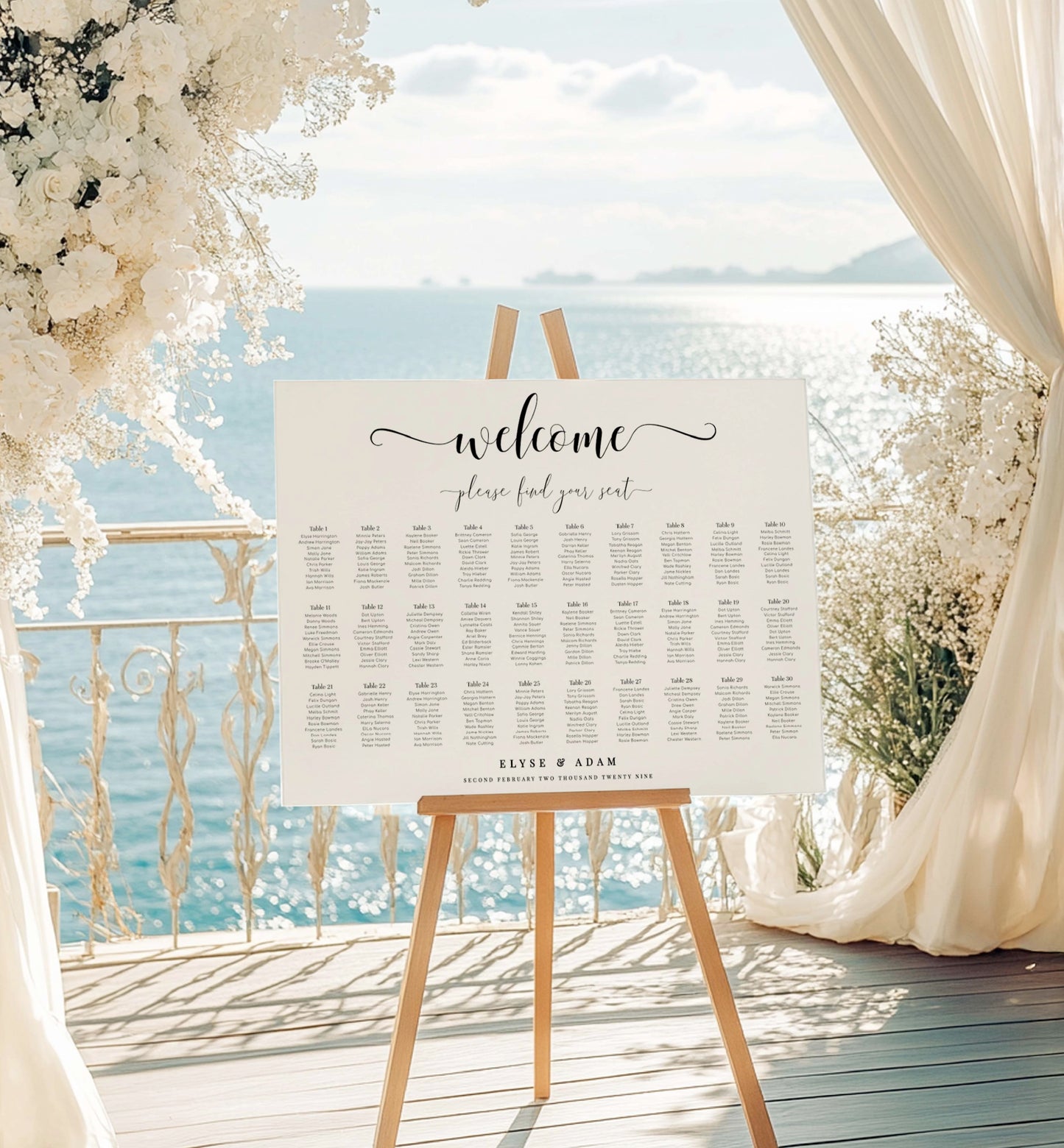 Seating chart on an easel with a scenic background. Minimalist Wedding Seating Chart, Printable Modern Seating Chart Board, Simple Clean Wedding Seating Sign, Wedding Poster, 20 table seating chart, 30 table seating chart