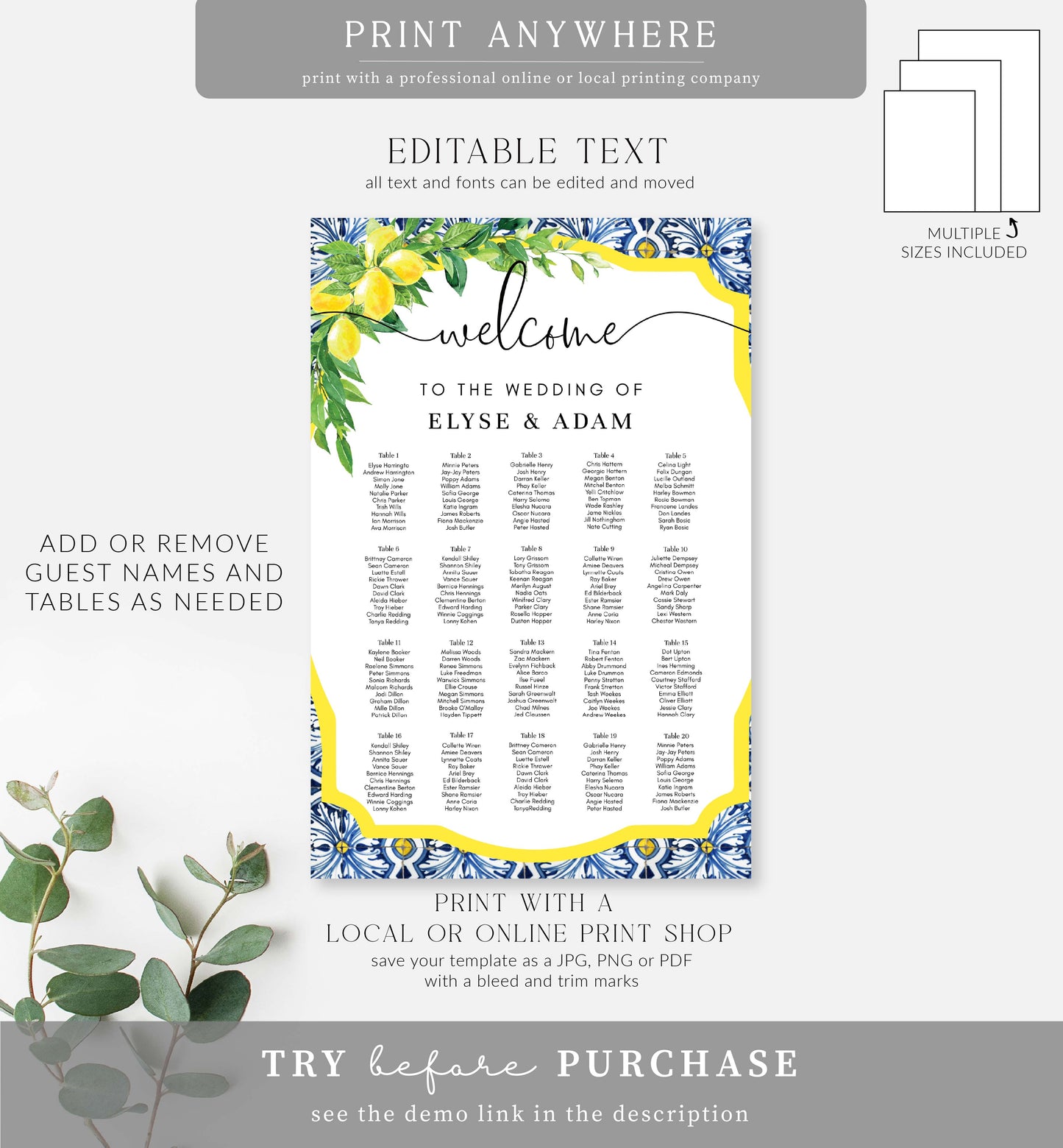 Positano Lemons | Printable Seating Chart Template